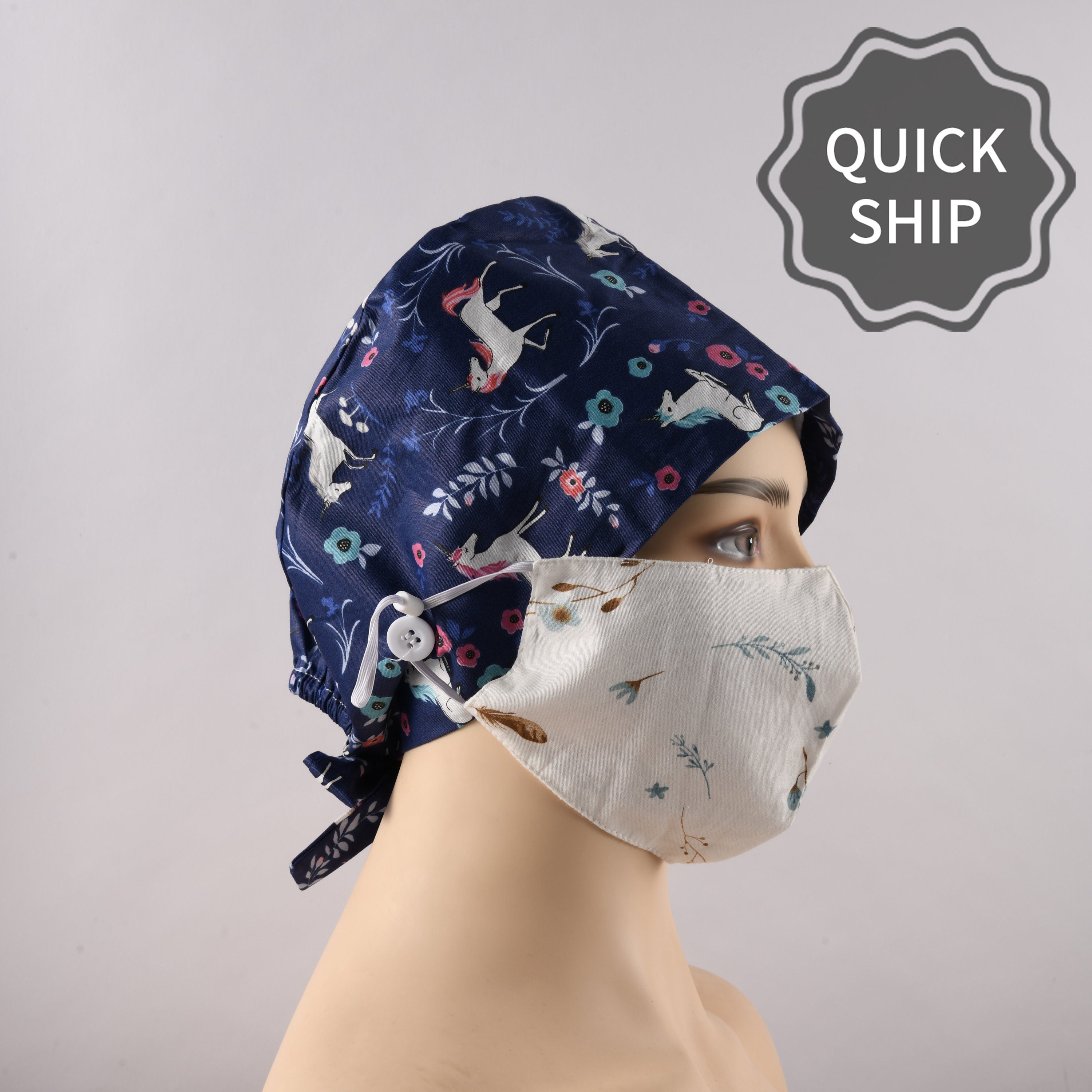 Navy Unicorn Scrub Cap - Tie Back Style