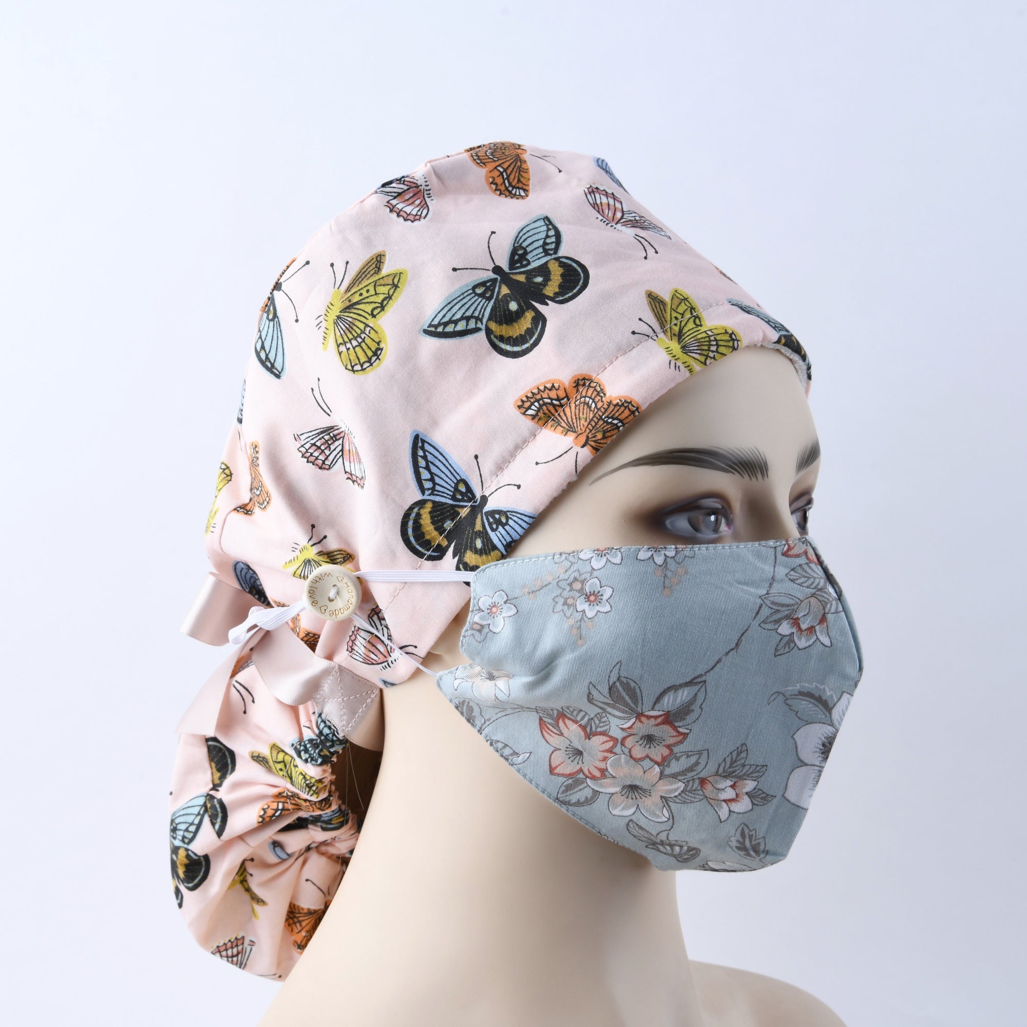 Pink Cotton Ponytail Scrub Cap - Colorful Butterfly Print
