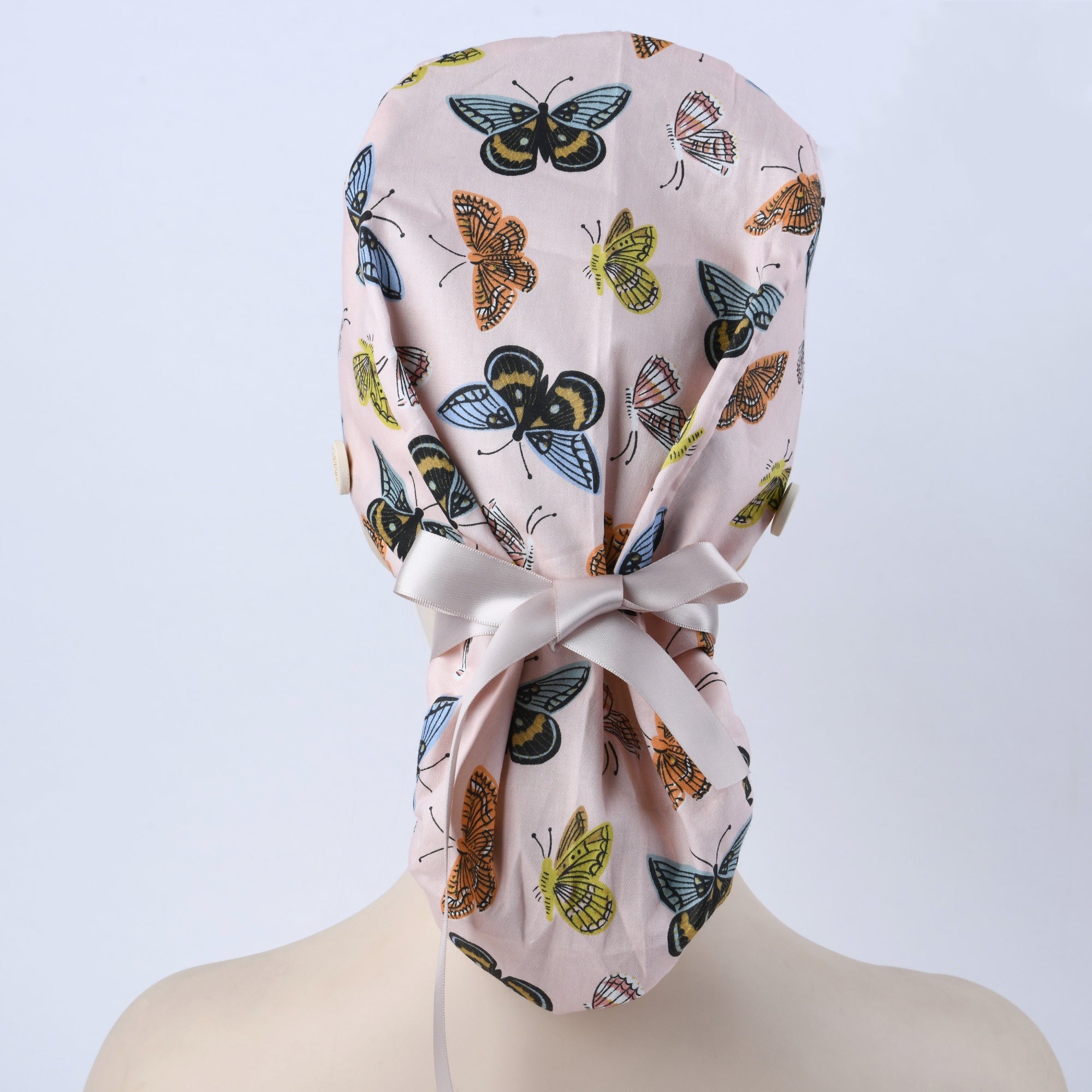 Pink Cotton Ponytail Scrub Cap - Colorful Butterfly Print
