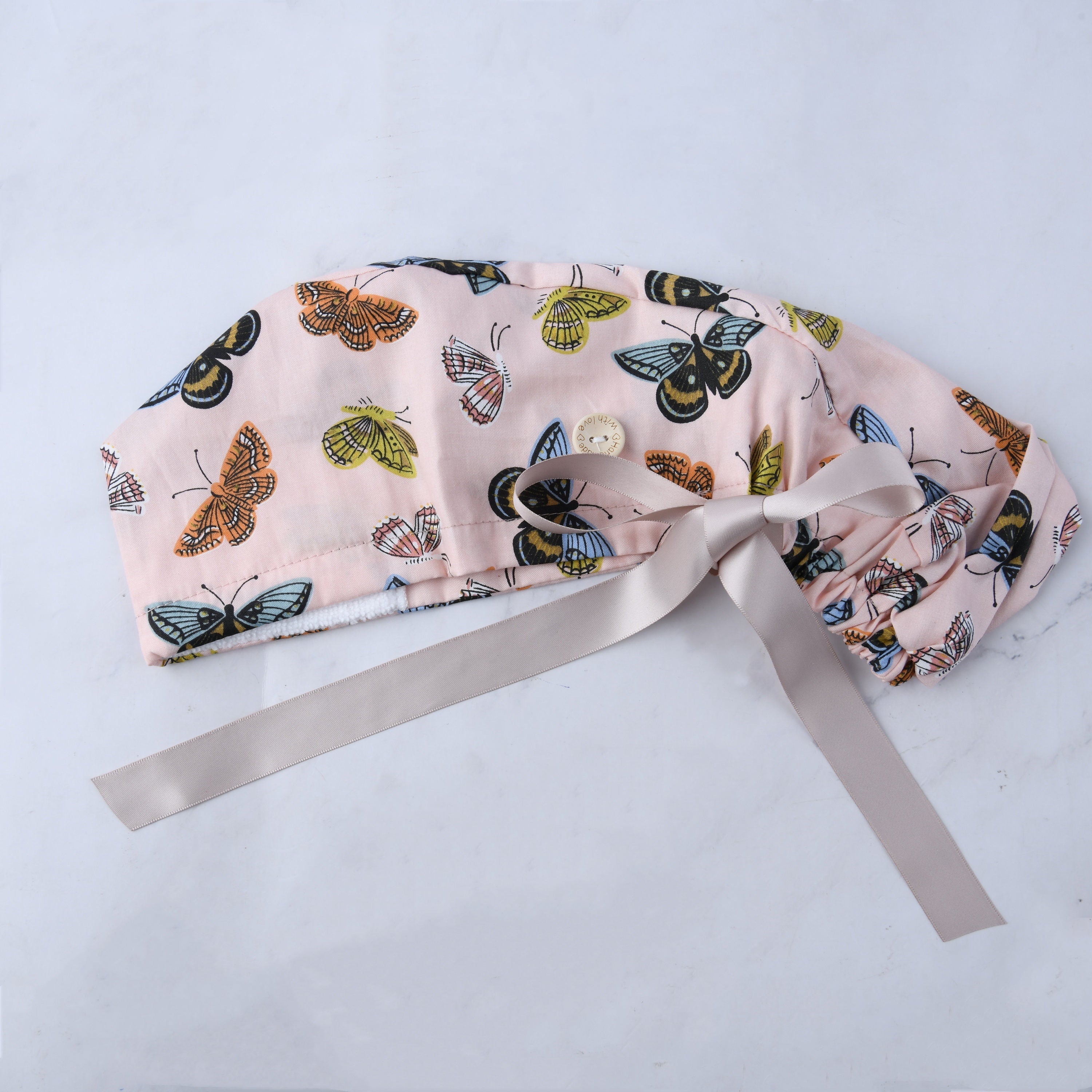 Pink Cotton Ponytail Scrub Cap - Colorful Butterfly Print
