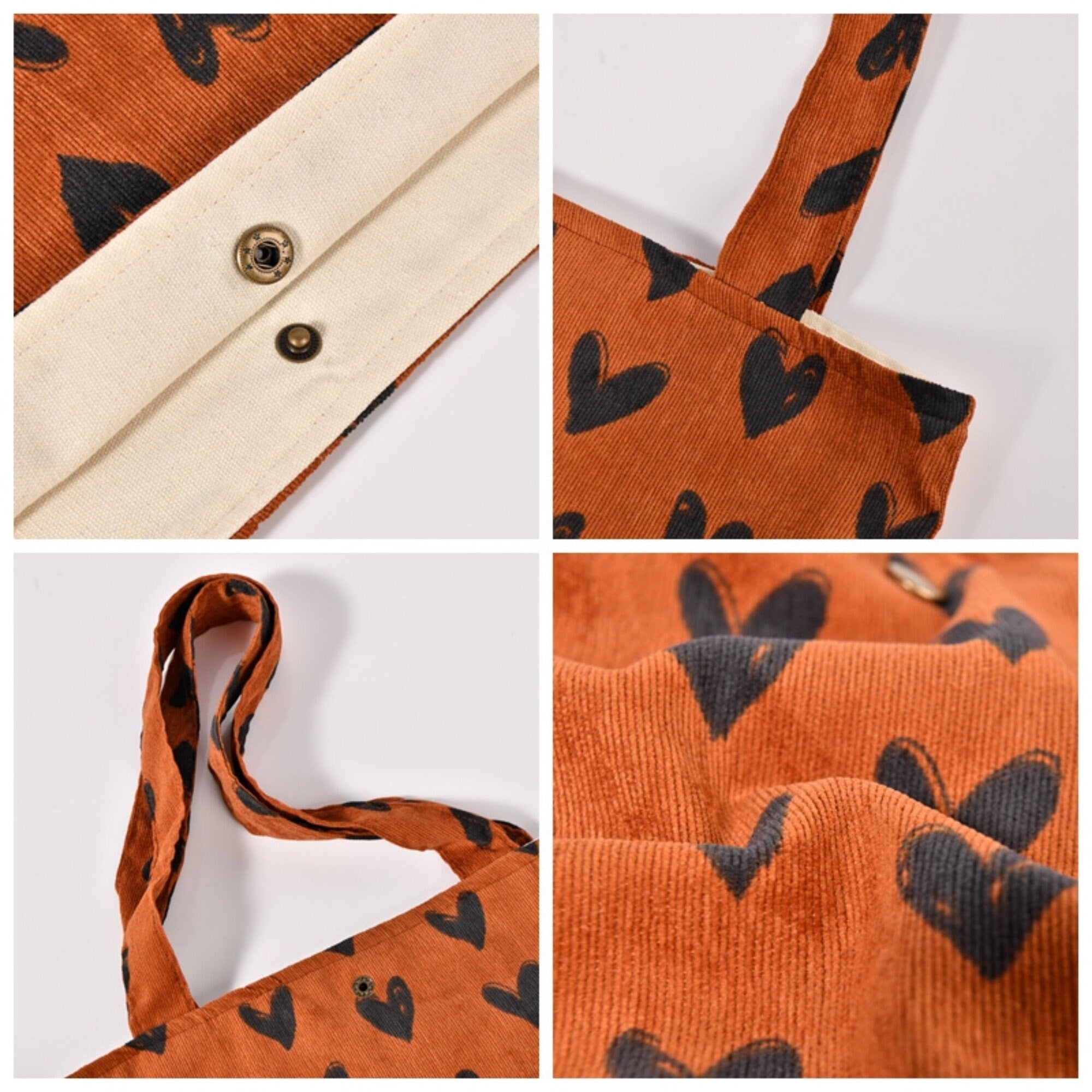 Handmade Heart Corduroy Tote Bag with Button