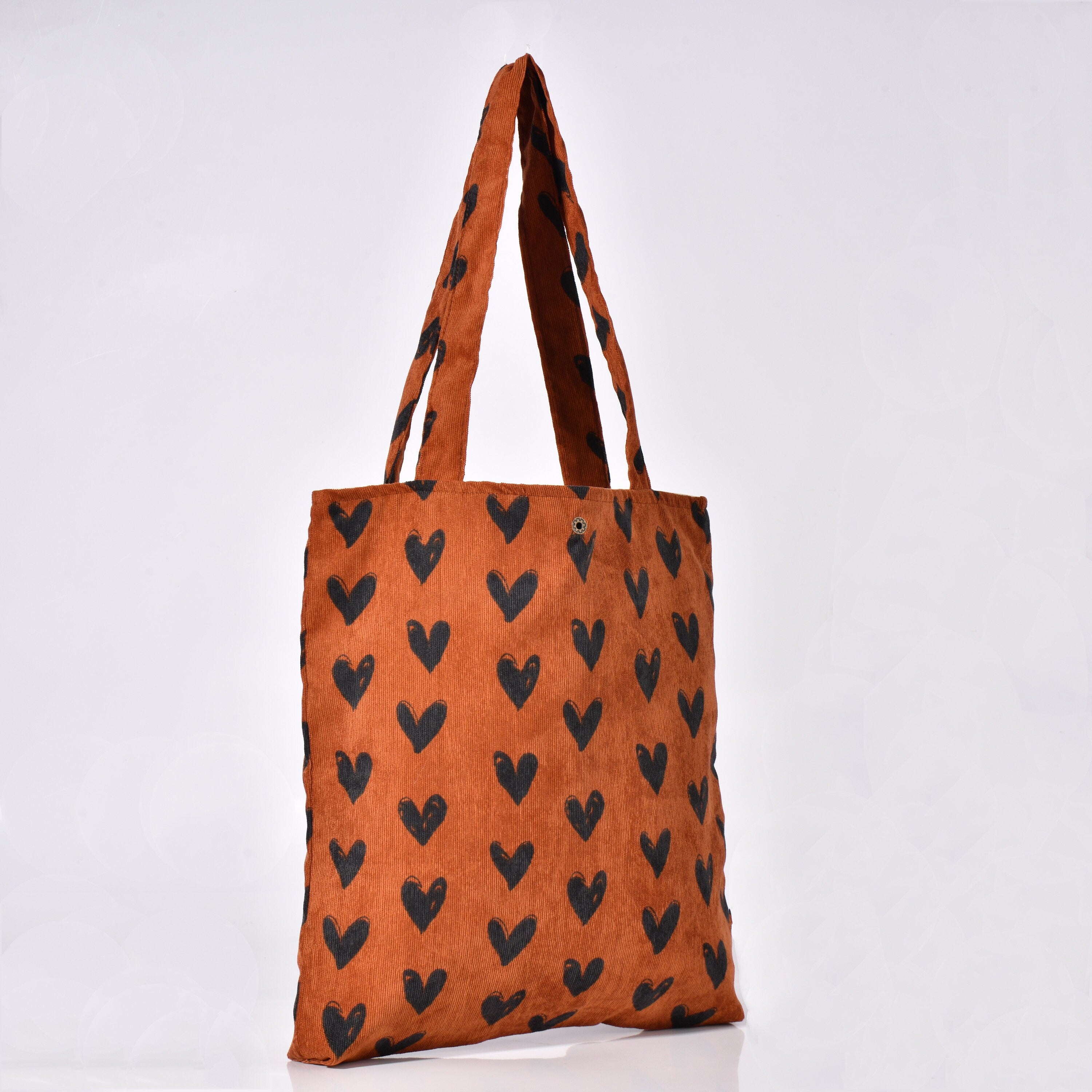 Handmade Heart Corduroy Tote Bag with Button