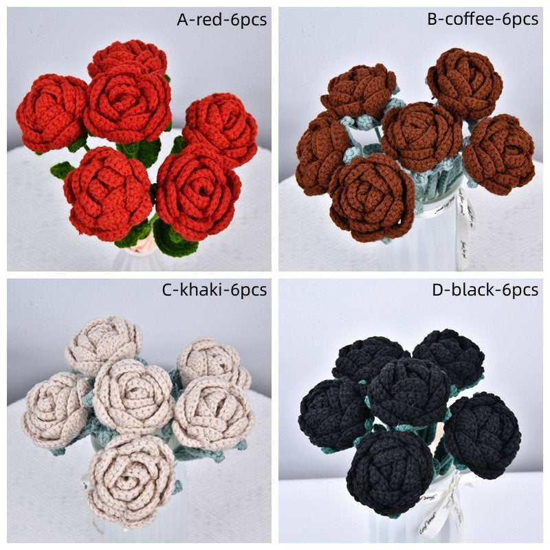 6/9/13PCS Handmade Rose Flowers Crochet Bouquet