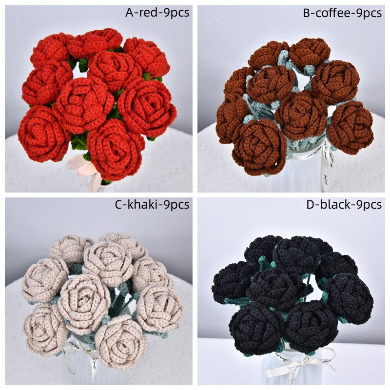 6/9/13PCS Handmade Rose Flowers Crochet Bouquet