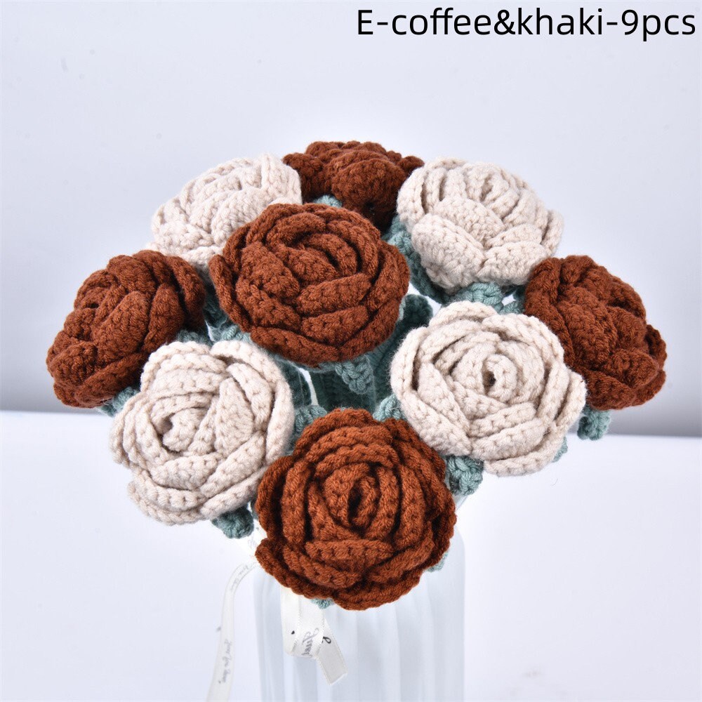 6/9/13PCS Handmade Rose Flowers Crochet Bouquet