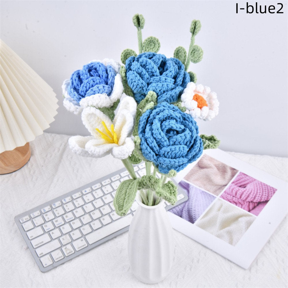 7PCS Handmade Roses and Tulips Crochet Bouquet