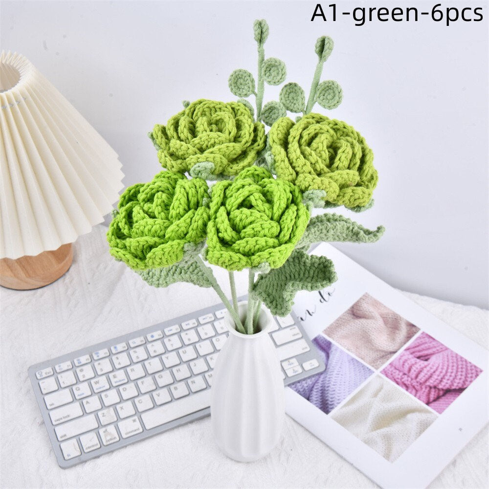 6PCS Handmade Colorful Rose Flowers Crochet  Bouquet