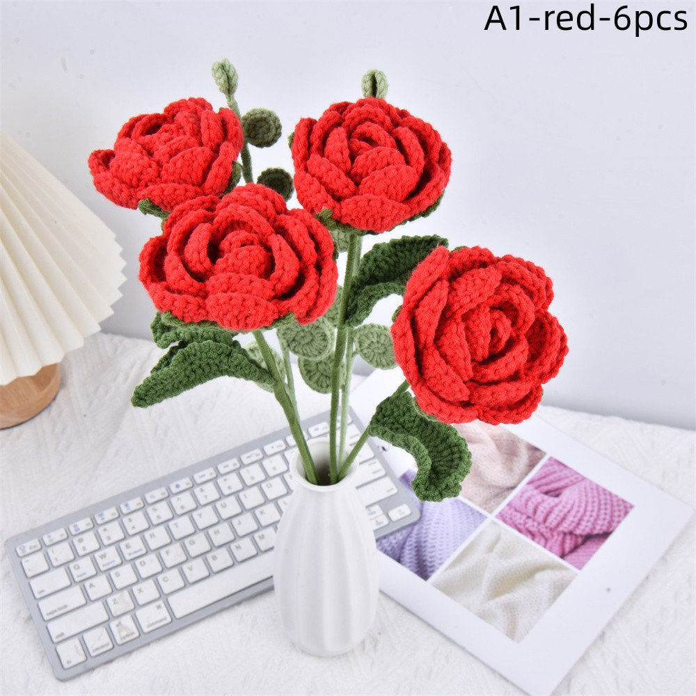 6PCS Handmade Colorful Rose Flowers Crochet  Bouquet