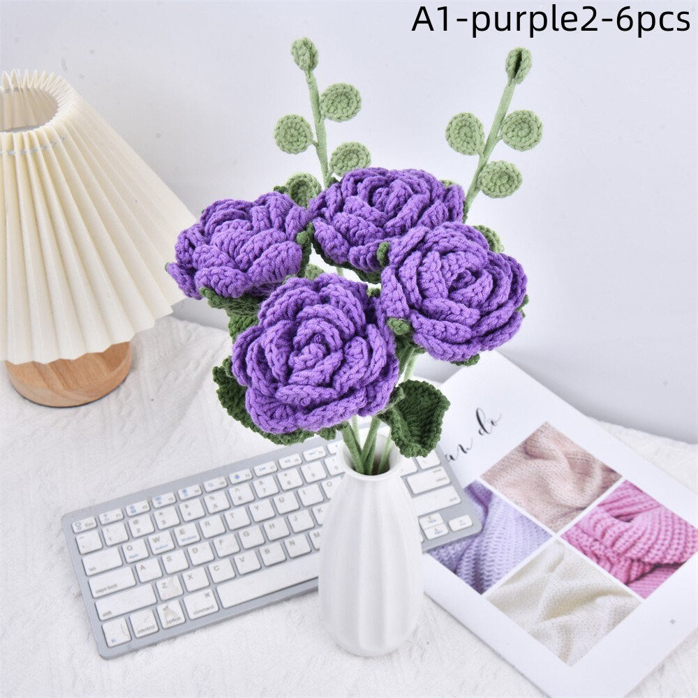 6PCS Handmade Colorful Rose Flowers Crochet  Bouquet