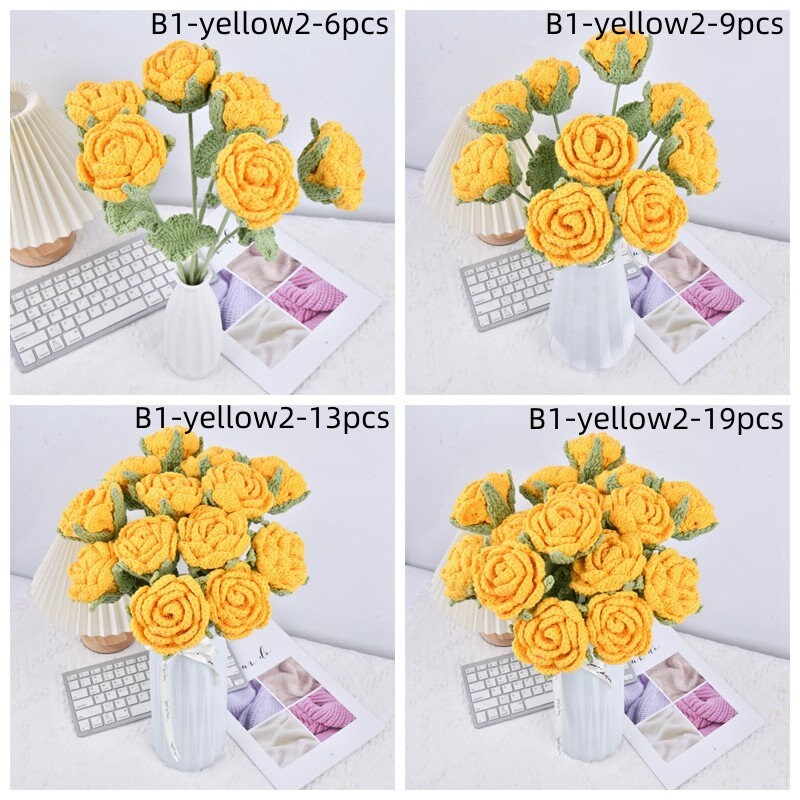 6/9/13/19PCS Handmade Rose Flowers Crochet Bouquet