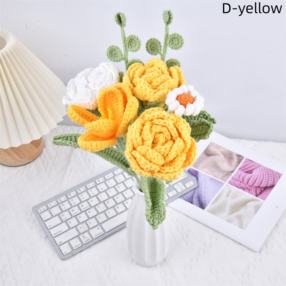 7PCS Handmade Roses and Tulips Crochet Bouquet