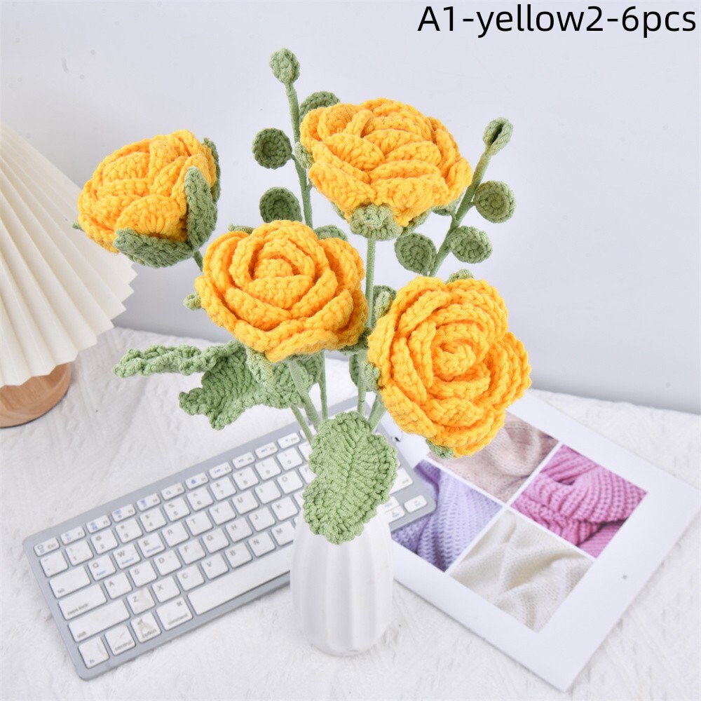 6PCS Handmade Colorful Rose Flowers Crochet  Bouquet