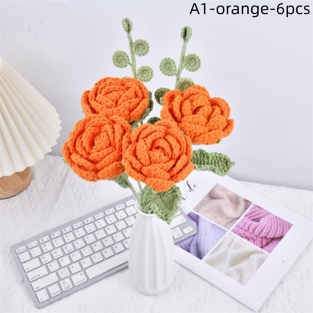 6PCS Handmade Colorful Rose Flowers Crochet  Bouquet