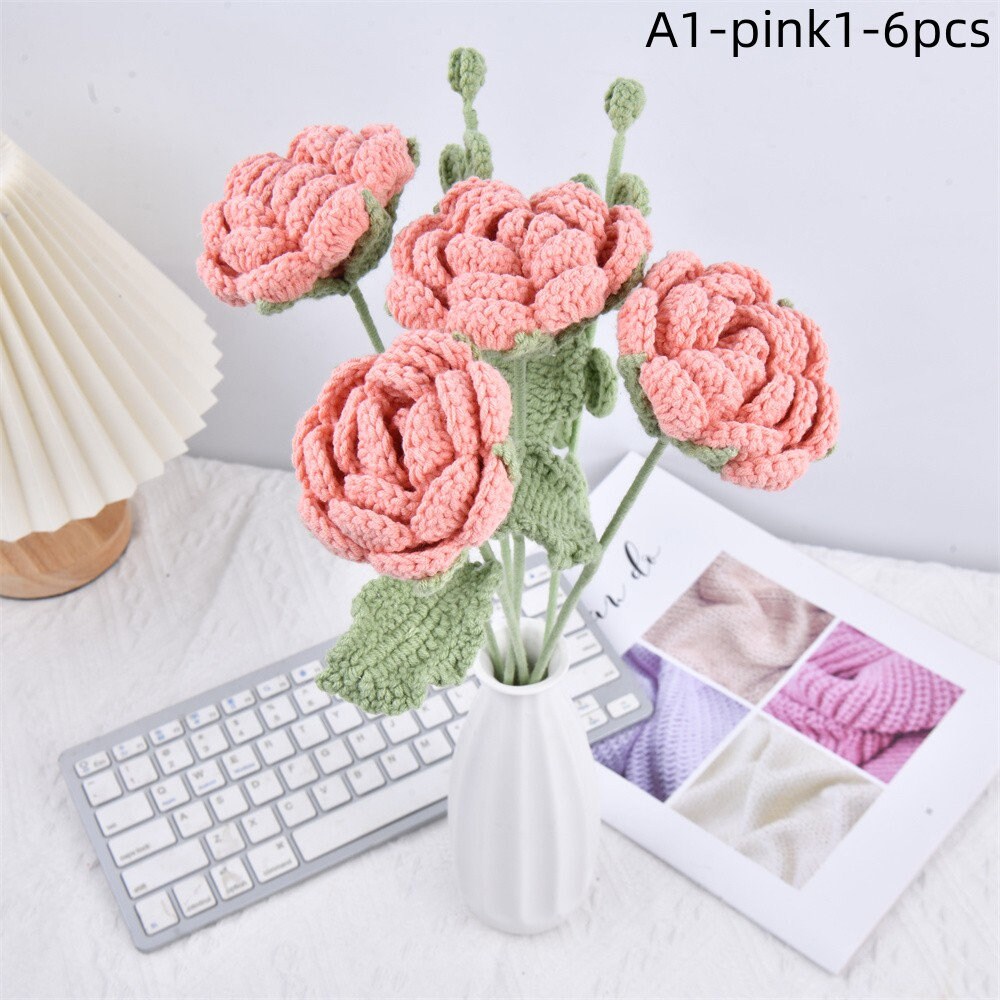 6PCS Handmade Colorful Rose Flowers Crochet  Bouquet