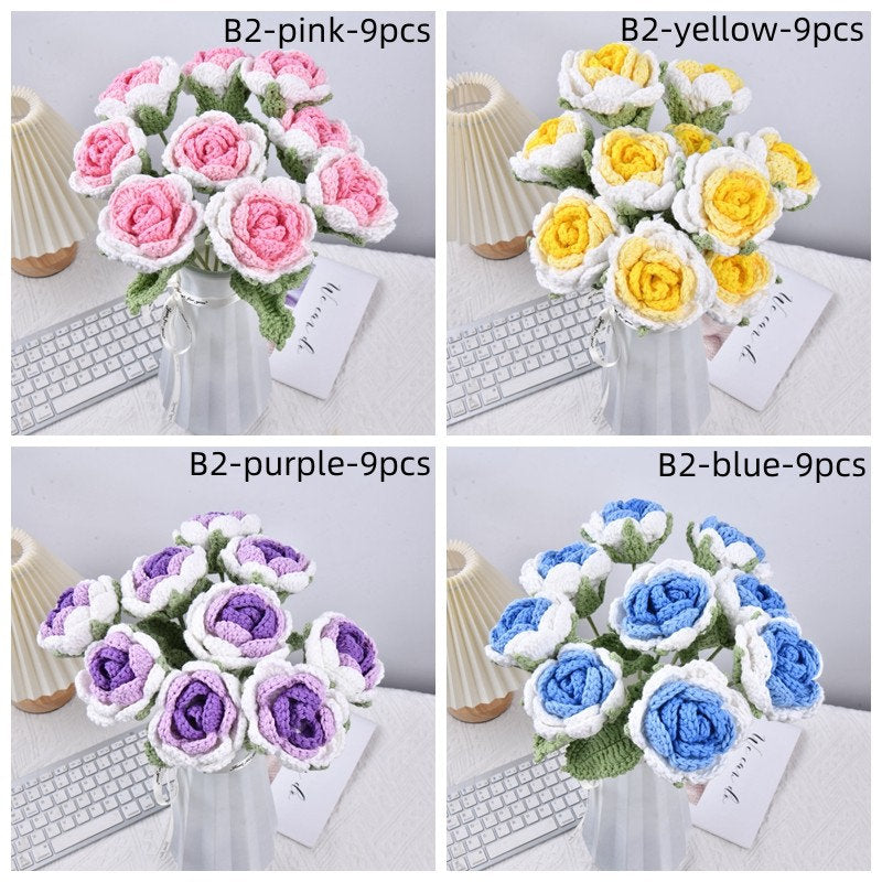 Handmade 6/9/13PCS Rose Flowers Crochet Bouquet