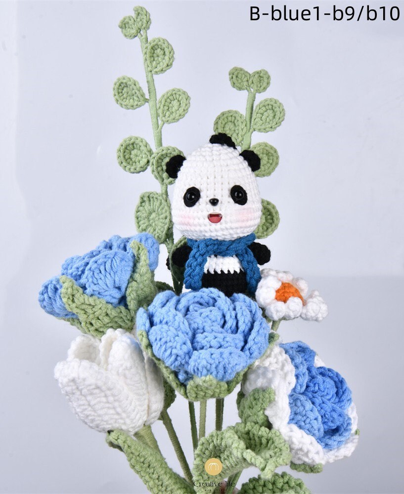 8PCS Handmade Pig/Winnie Bear/Stitch/Yoda/Panda Doll Rose&Tulip Crochet Bouquet