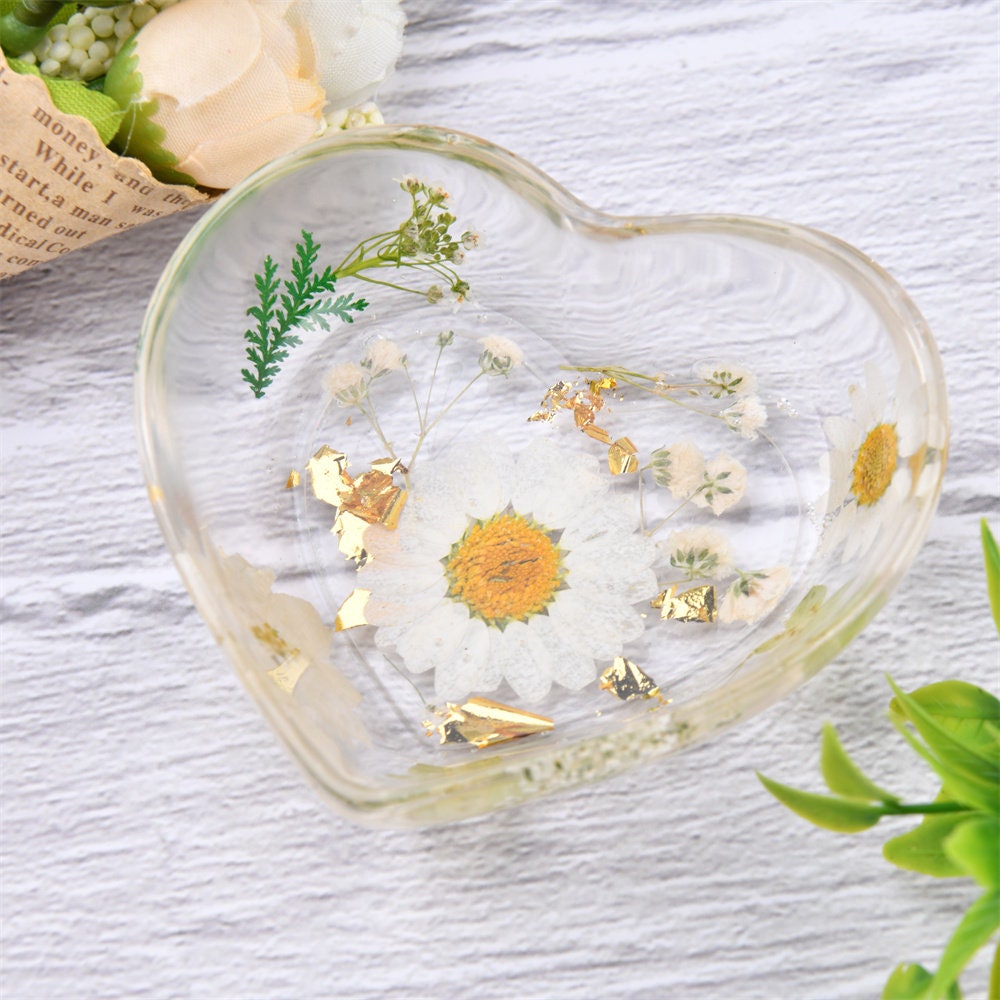 Heart Shaped Resin Ring Dish with Real Dried Flowers