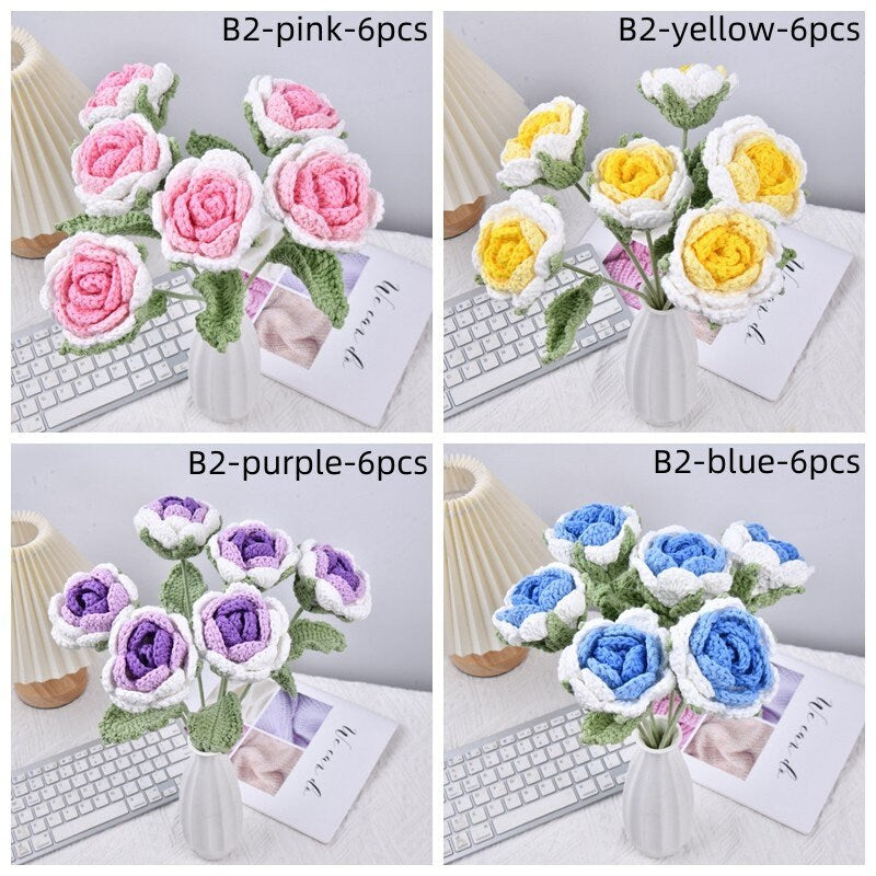 Handmade 6/9/13PCS Rose Flowers Crochet Bouquet