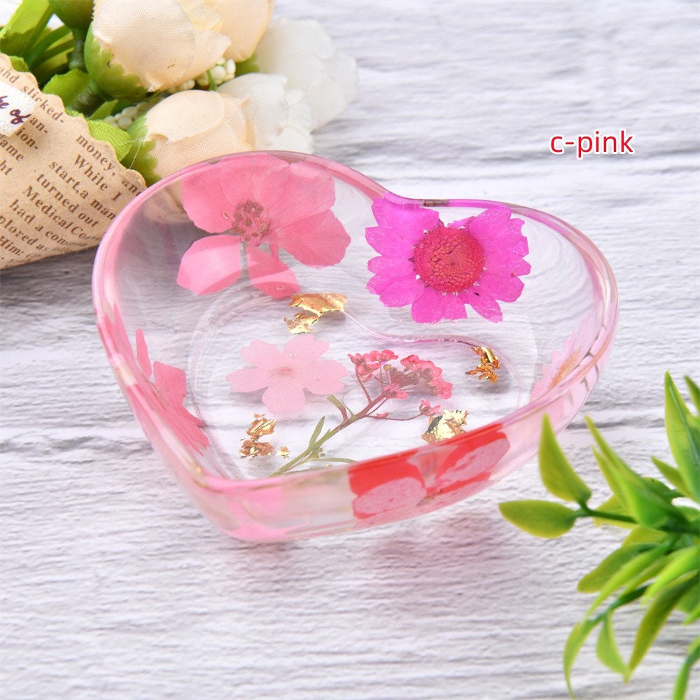 Heart Shaped Resin Ring Dish with Real Dried Flowers