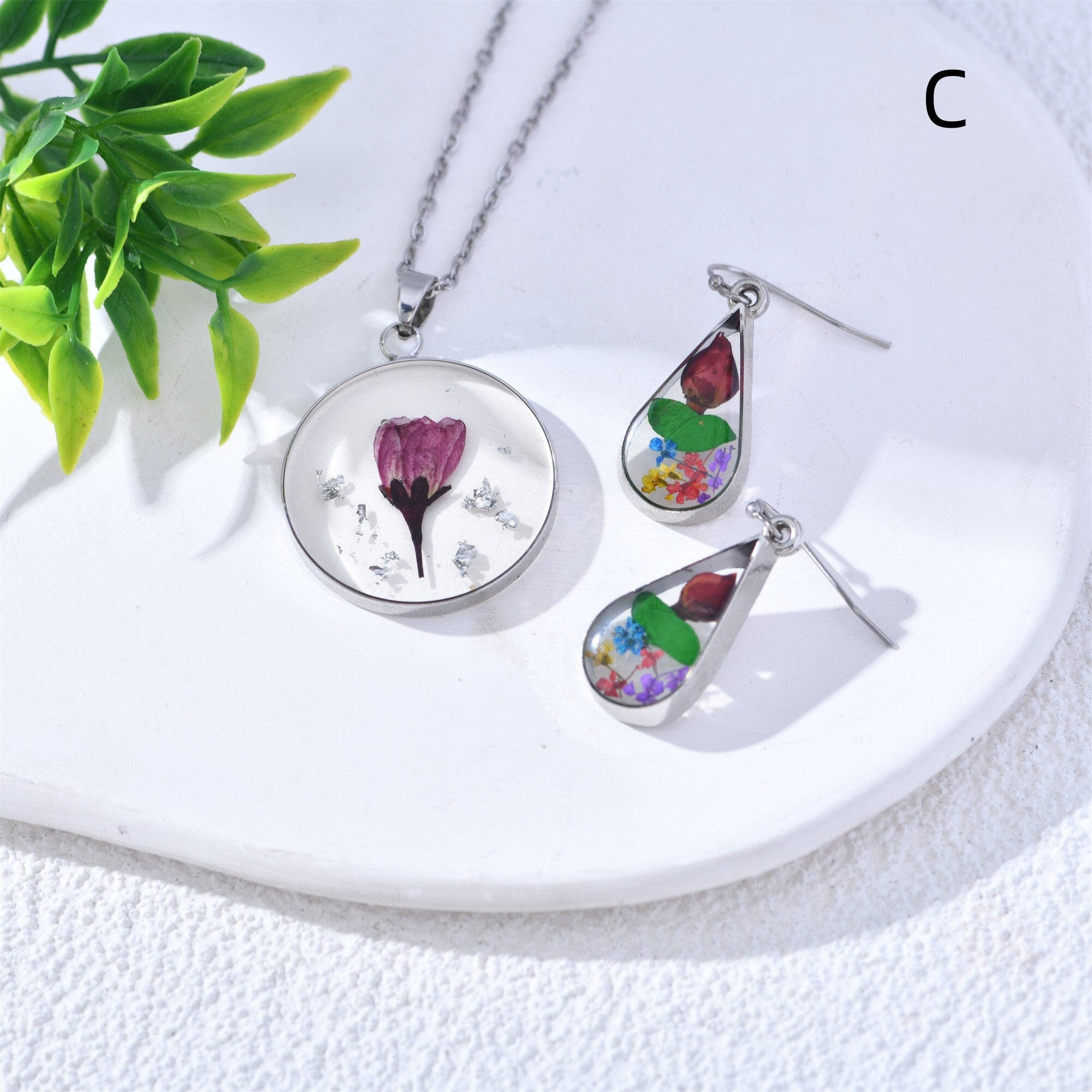 Handmade Resin Real Flower Necklace&Earrings Sets Pendant Jewelry