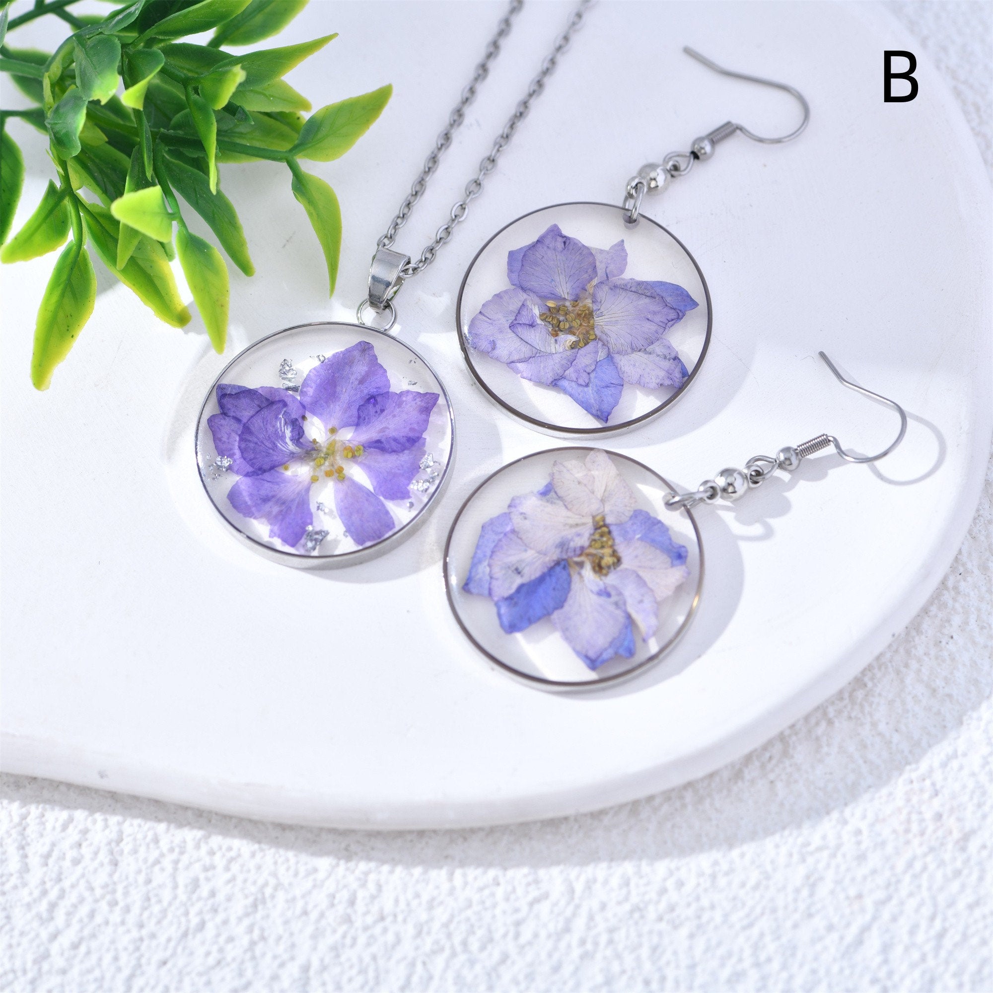 Handmade Resin Real Flower Necklace&Earrings Sets Pendant Jewelry