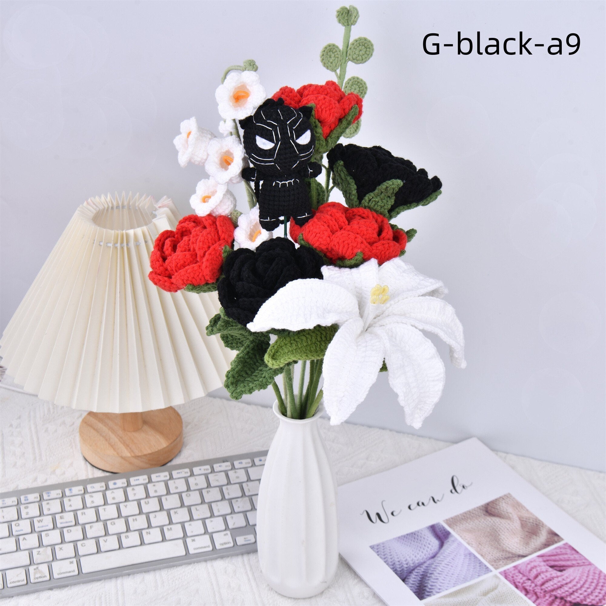 Handmade 9PCS Doll Black Rose Crochet Bouquet