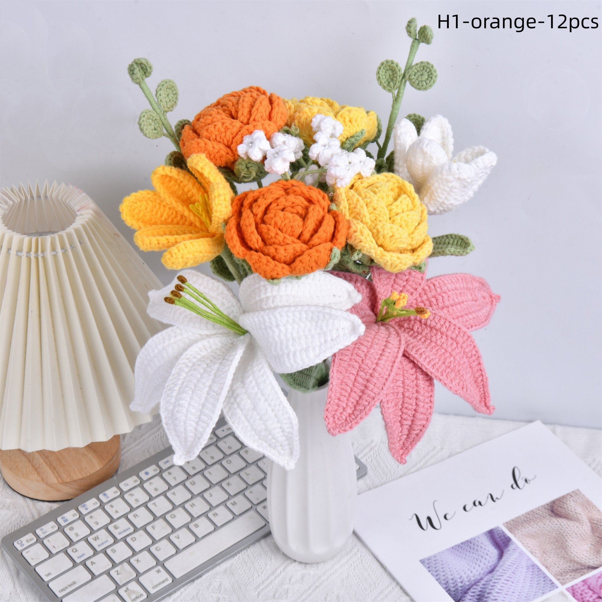 12PCS Handmade Lily Rose Crochet Bouquet