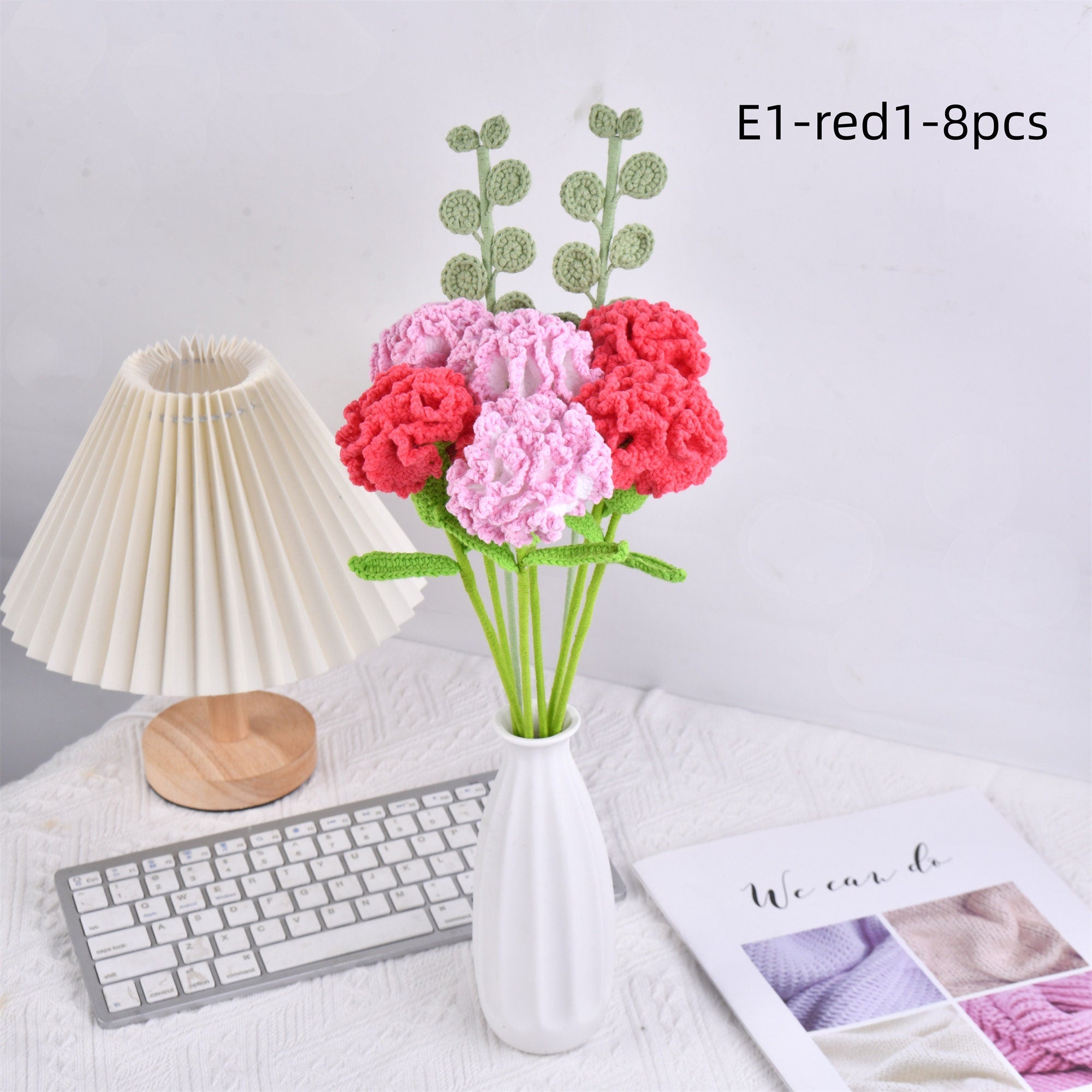 8PCS Handmade Carnation Eucalyptus Crochet Bouquet