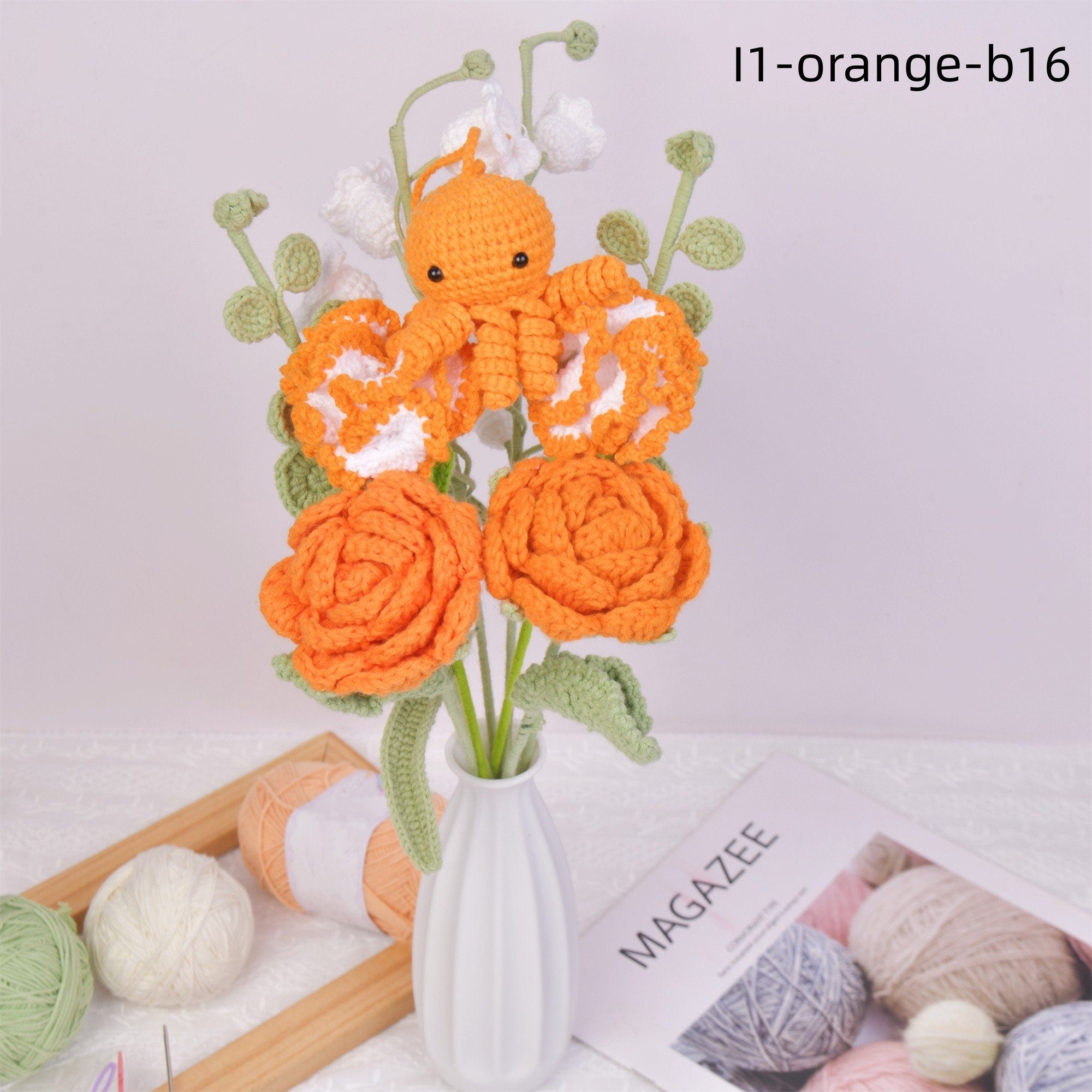 9PCS Handmade Rose&Carnation Flowers Octopus Doll Crochet Bouquet