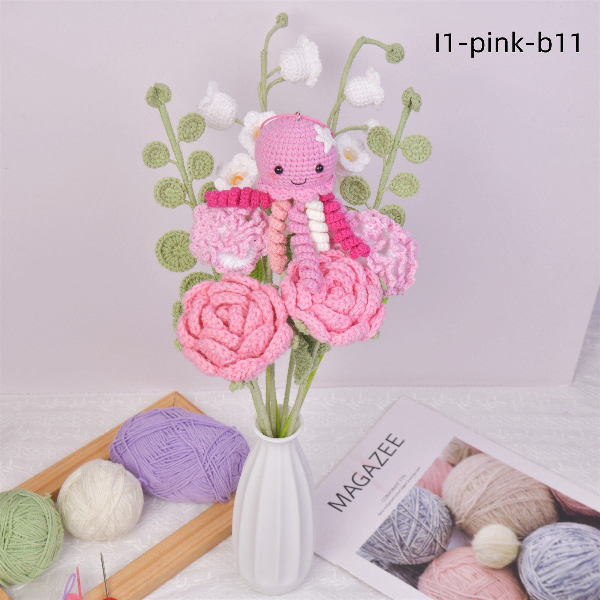 9PCS Handmade Rose&Carnation Flowers Octopus Doll Crochet Bouquet