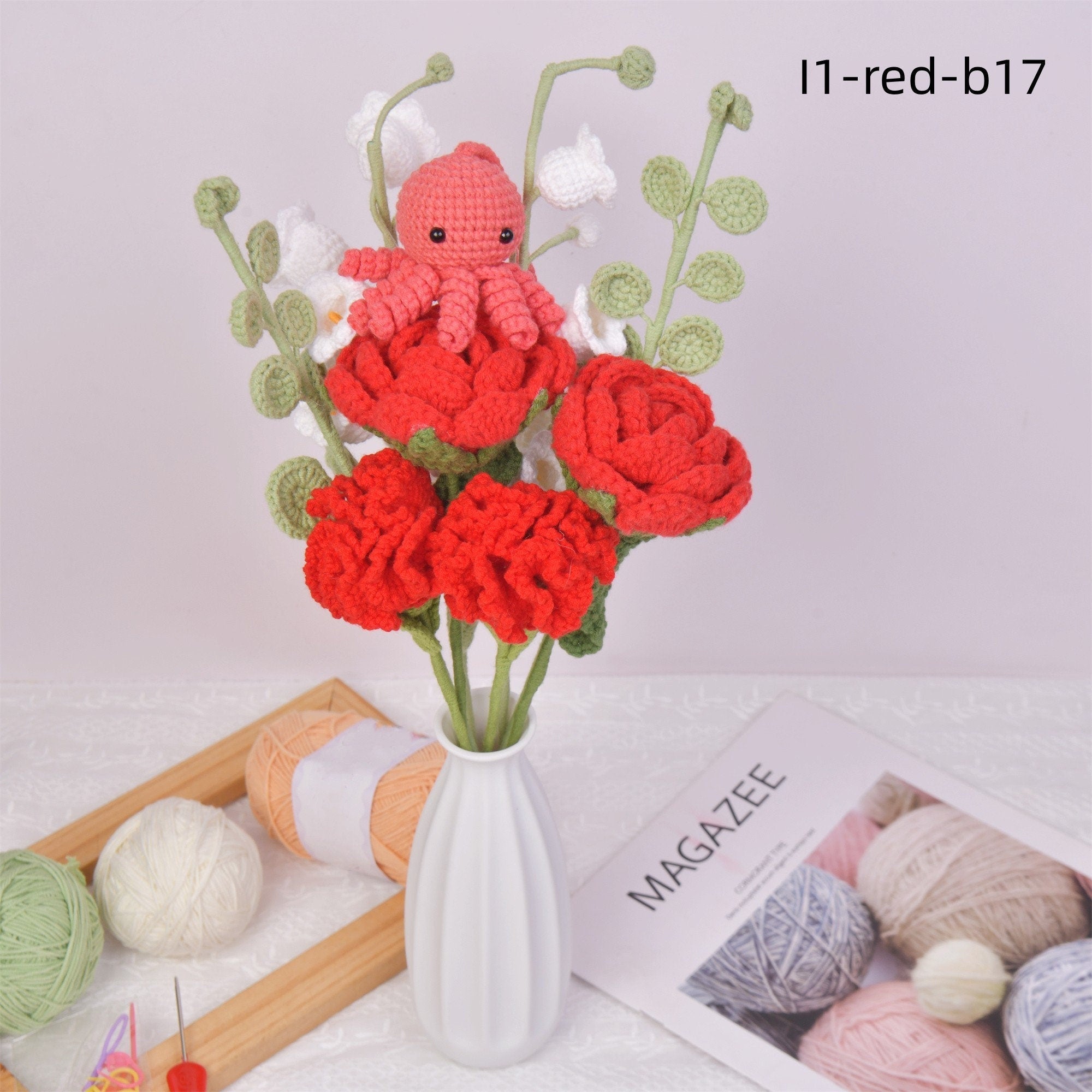 9PCS Handmade Rose&Carnation Flowers Octopus Doll Crochet Bouquet