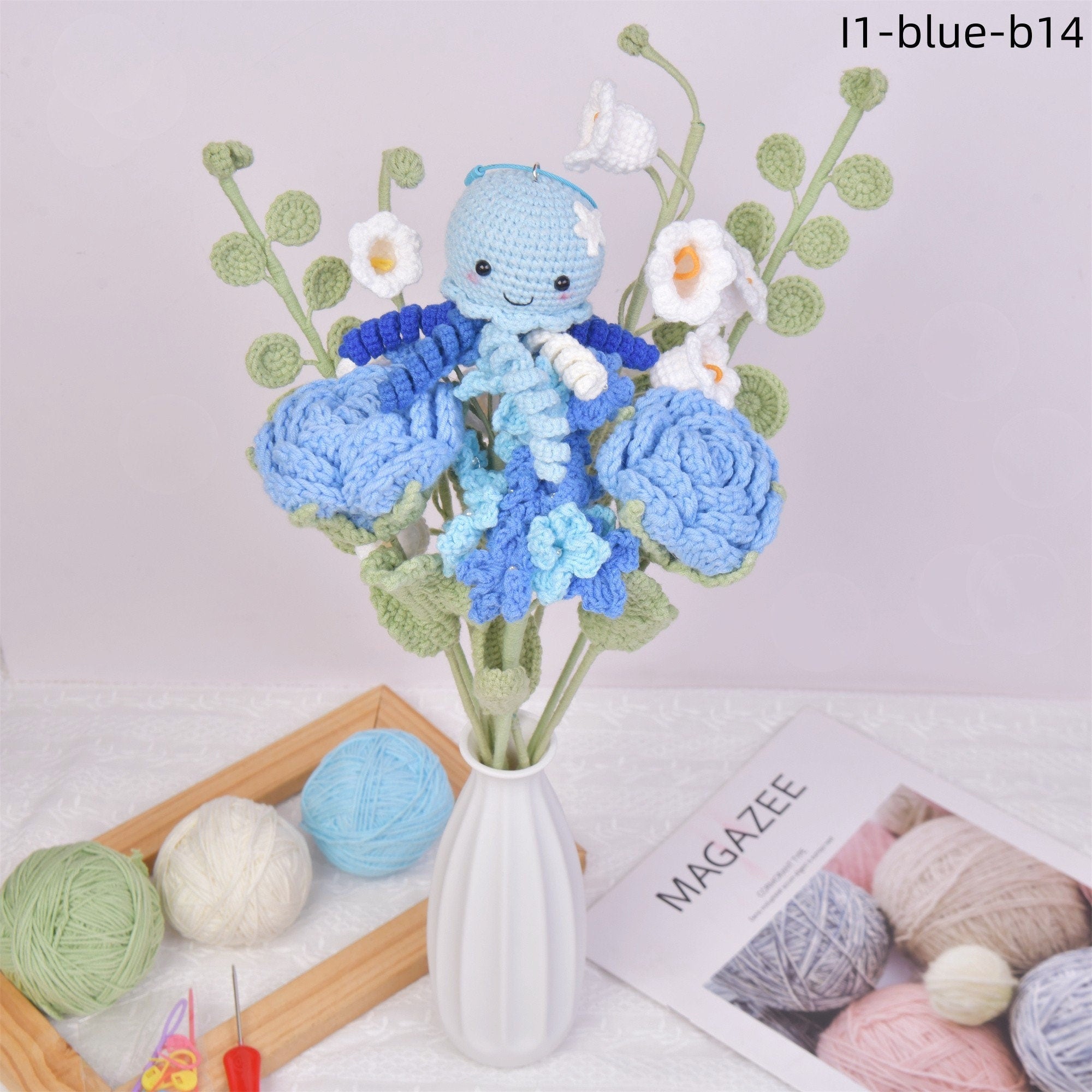 9PCS Handmade Rose&Carnation Flowers Octopus Doll Crochet Bouquet