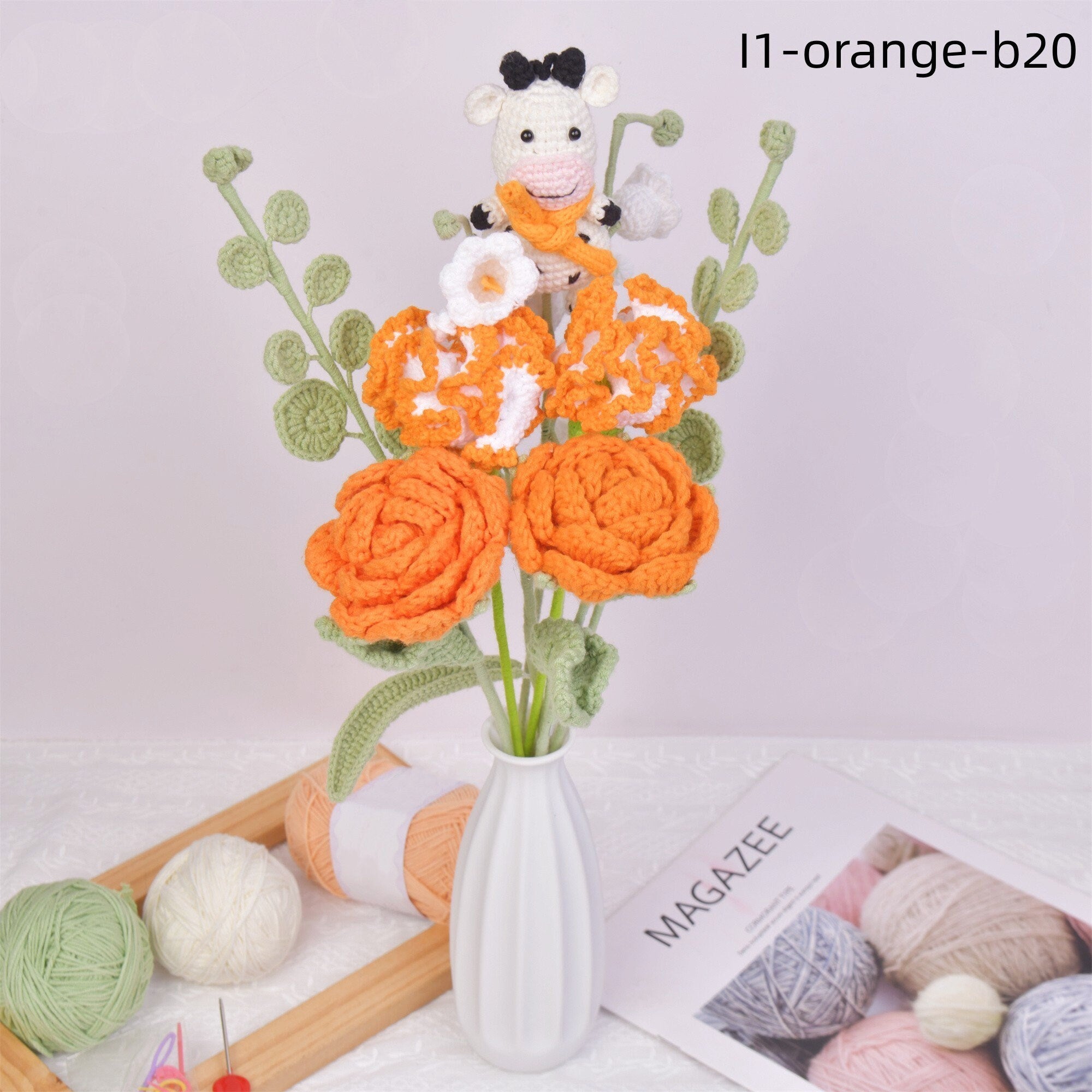 9PCS Handmade Rose Carnation Hydrangea Flowers and Cow Doll Crochet Bouquet