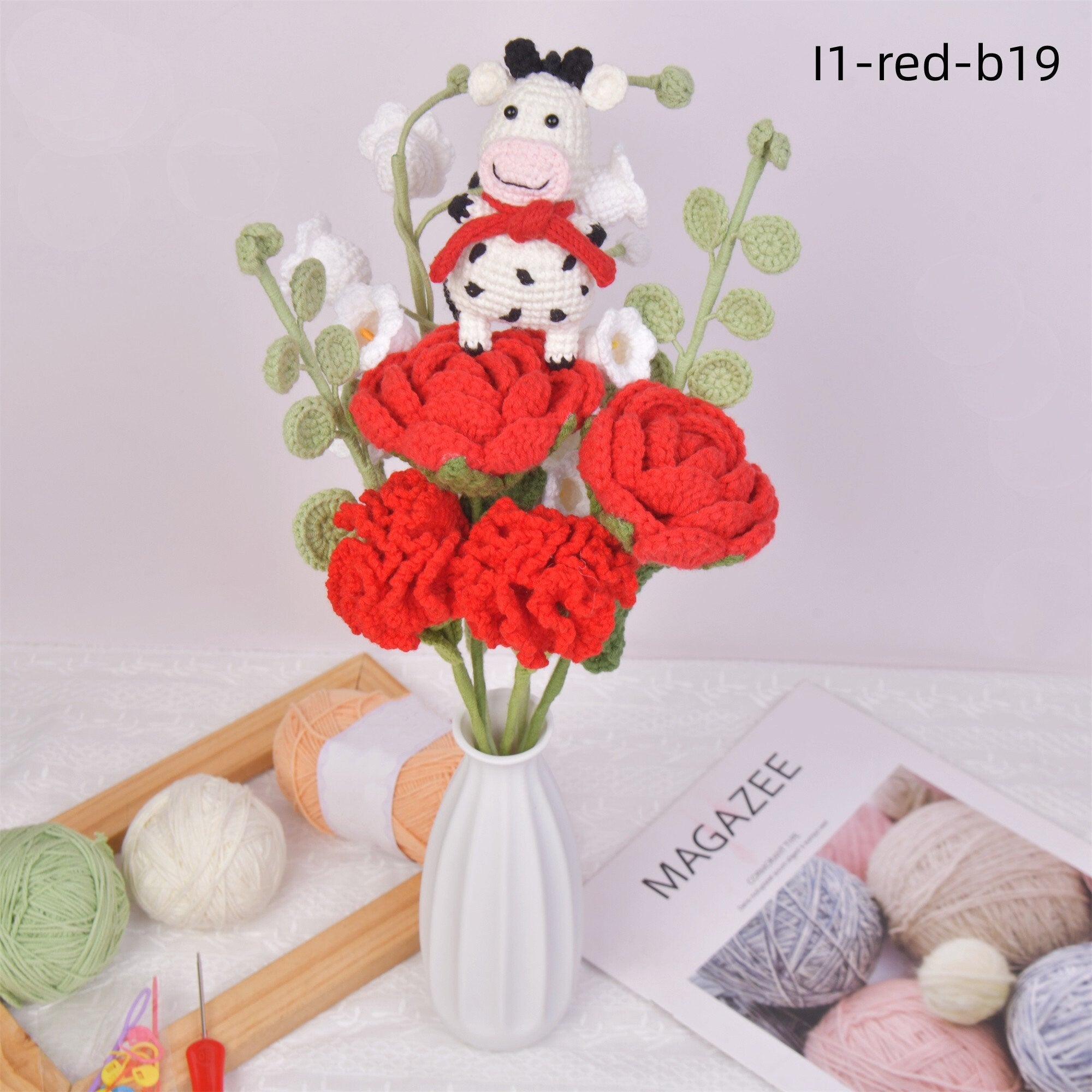 9PCS Handmade Rose Carnation Hydrangea Flowers and Cow Doll Crochet Bouquet