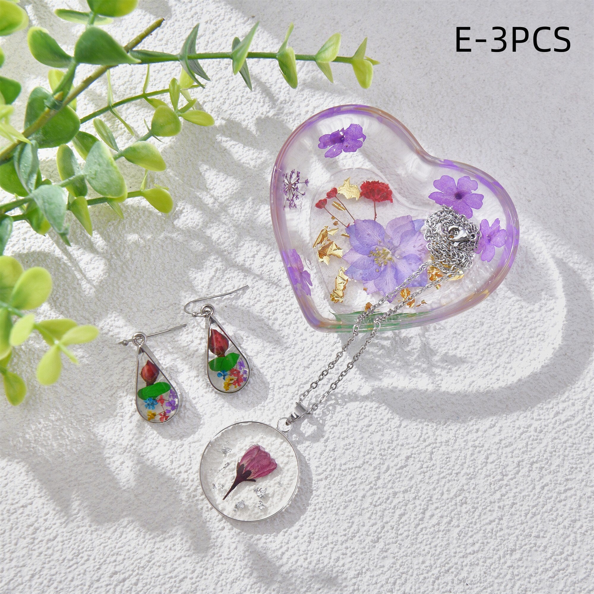 3/5PCS Resin Dried Flowers Necklaces/Earrings/Tray Real Purple Flower Jewelry Sets