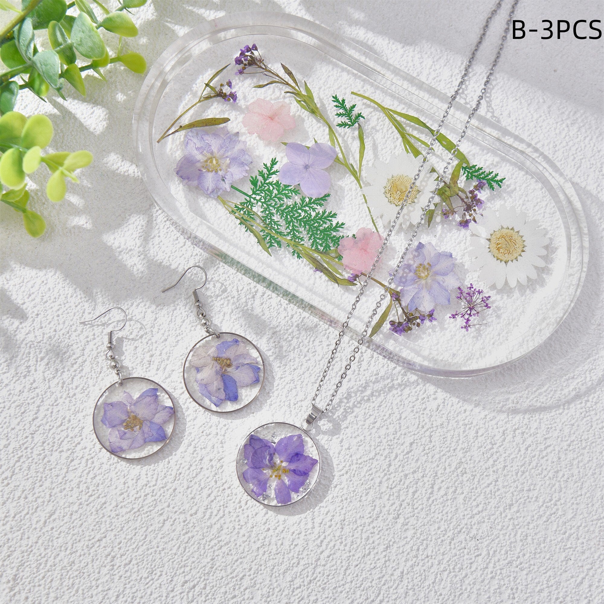 3/5PCS Resin Dried Flowers Necklaces/Earrings/Tray Real Purple Flower Jewelry Sets