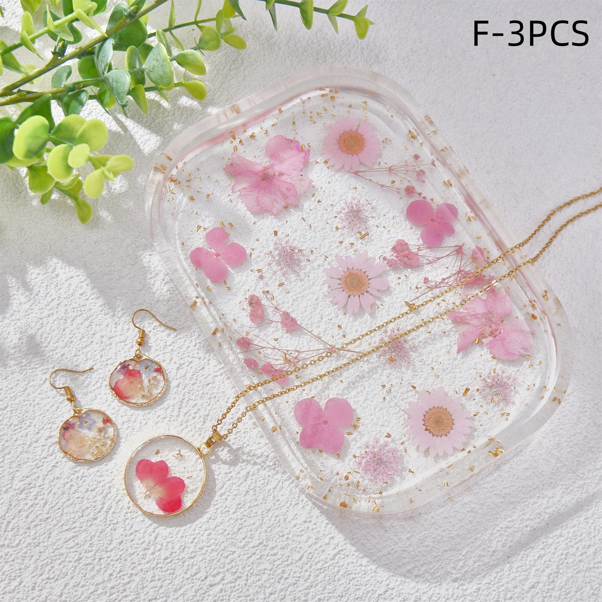 3/5PCS Resin Dried Flowers Necklaces/Earrings/Tray Real Pink Flower Jewelry Sets