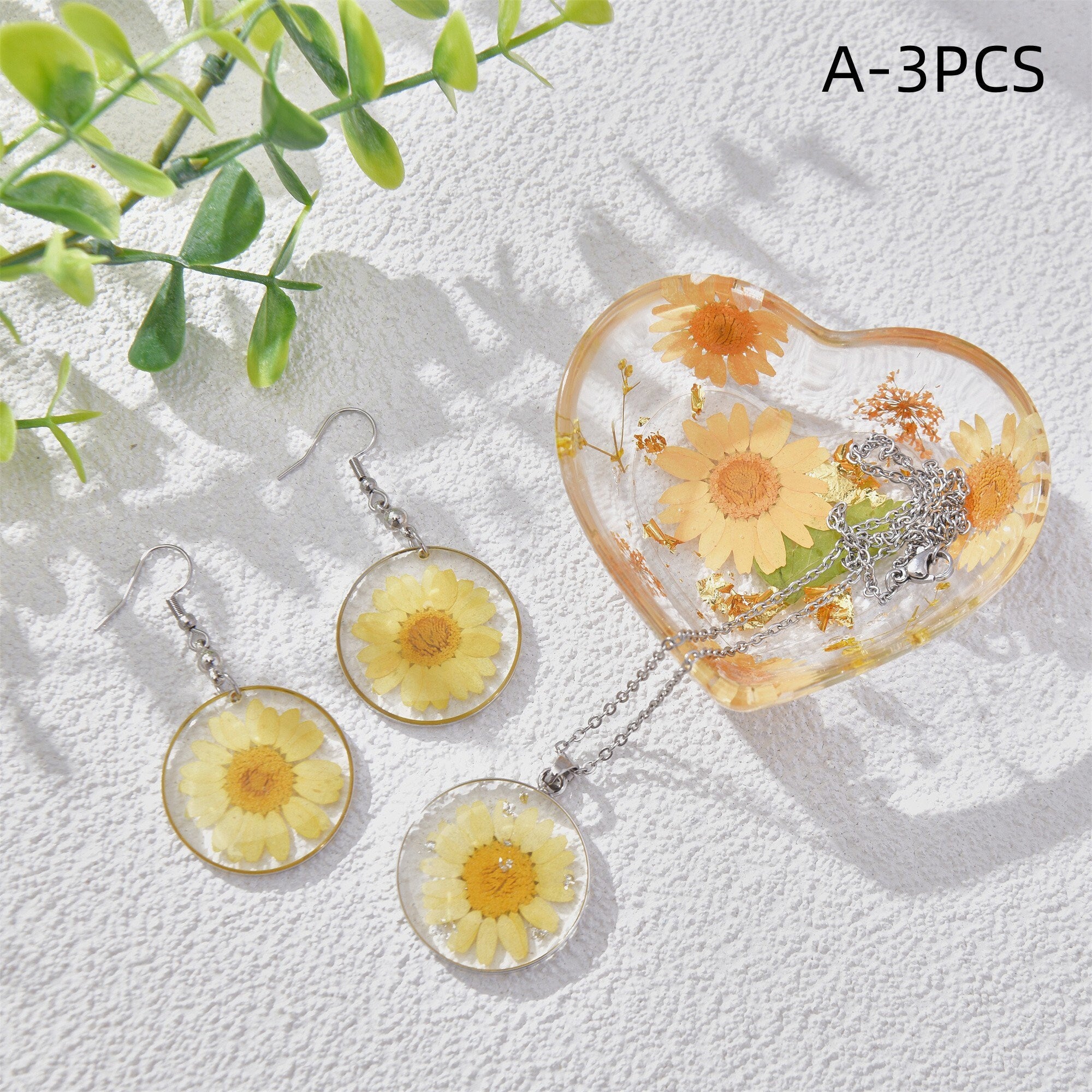 3/4PCS Resin Dried Flowers Necklaces/Earrings/Tray Real Yellow Flower Jewelry Sets