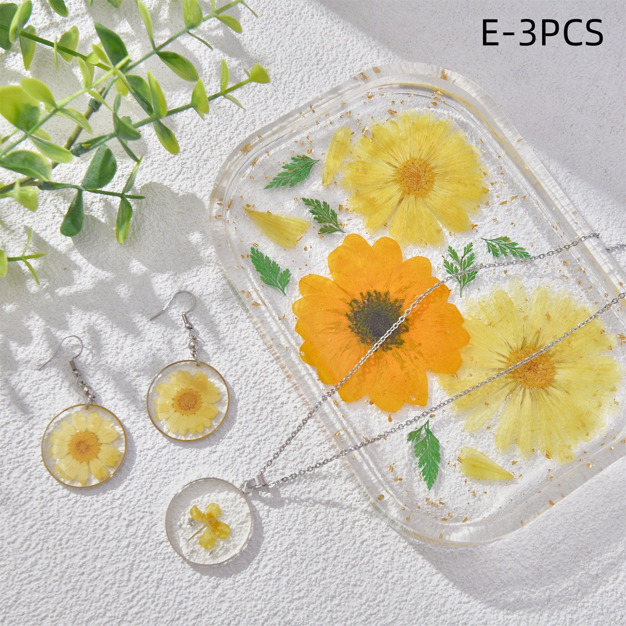 3/4PCS Resin Dried Flowers Necklaces/Earrings/Tray Real Yellow Flower Jewelry Sets