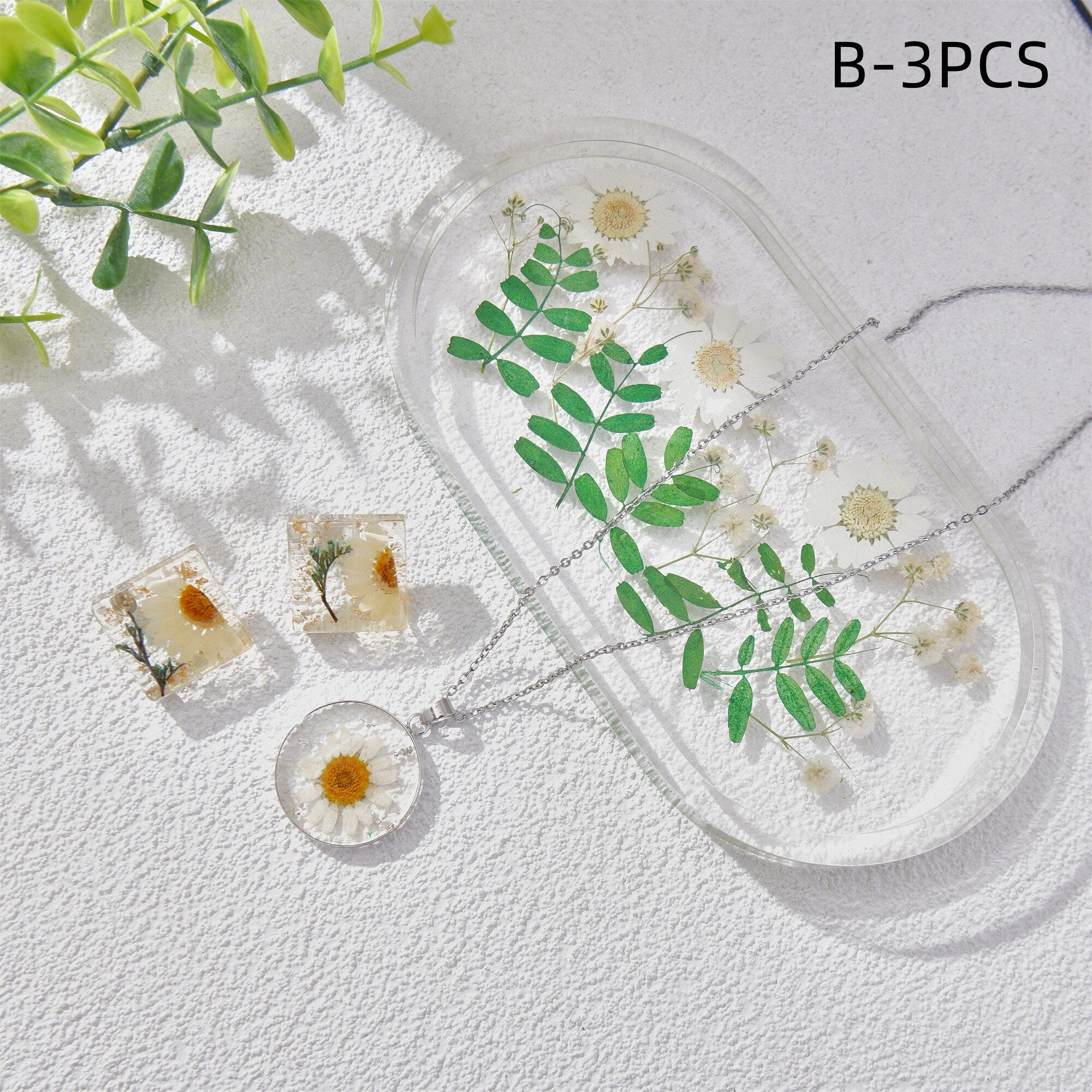 3/4PCS Resin Dried Flowers Necklaces/Earrings/Tray White Flower Jewelry Sets