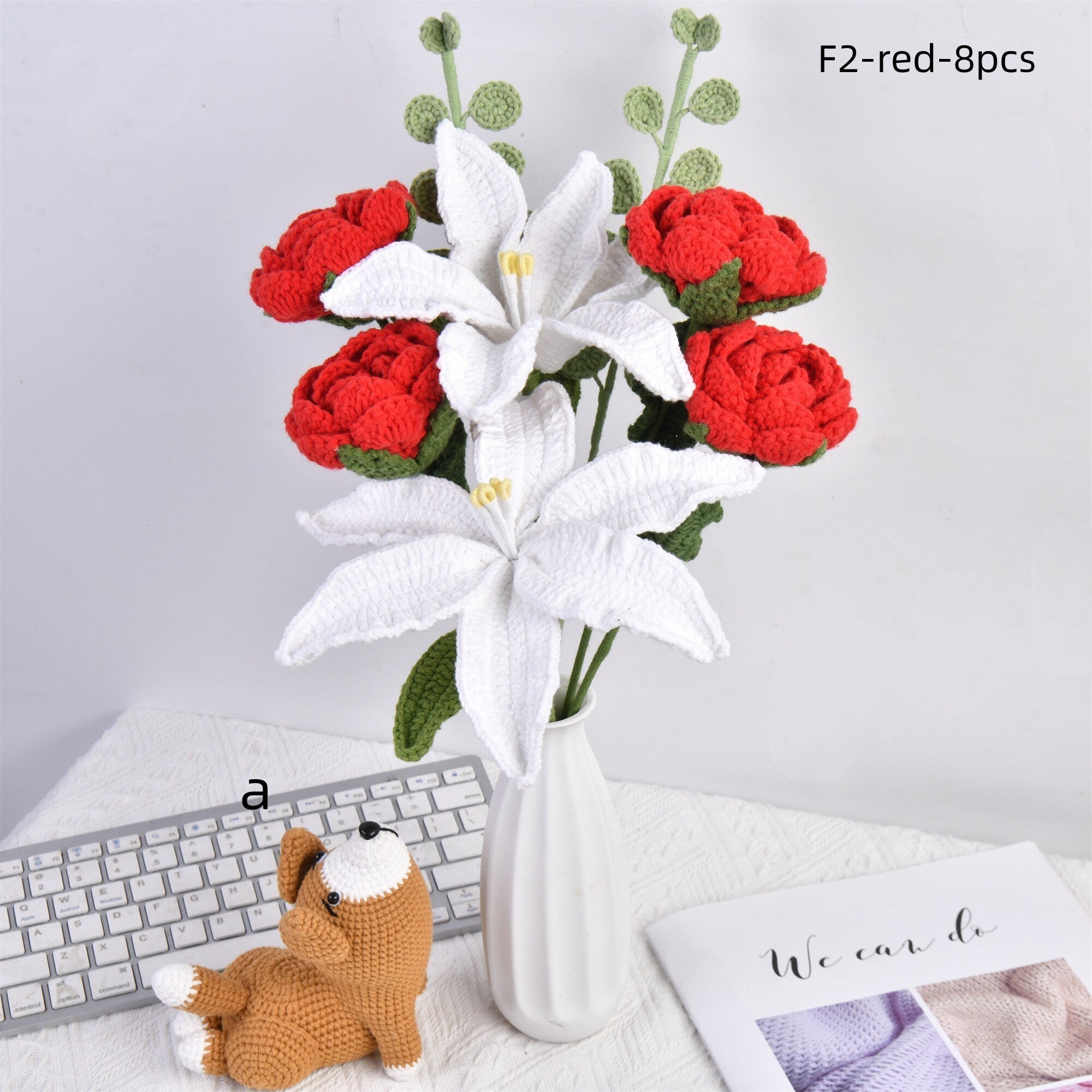 8PCS Handmade Lily Rose &Crochet Yoga Animal Dolls Crochet Bouquet