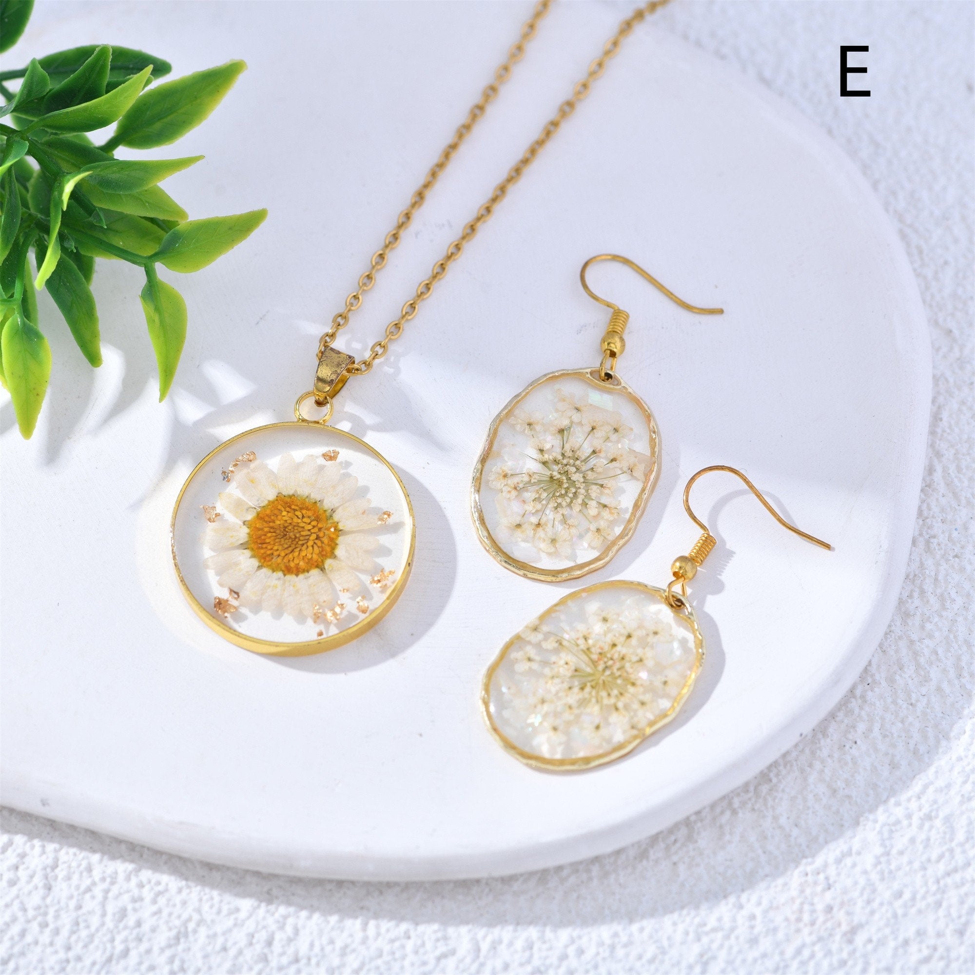 Handmade Resin Real Flower Necklace&Earrings Sets Pendant Jewelry