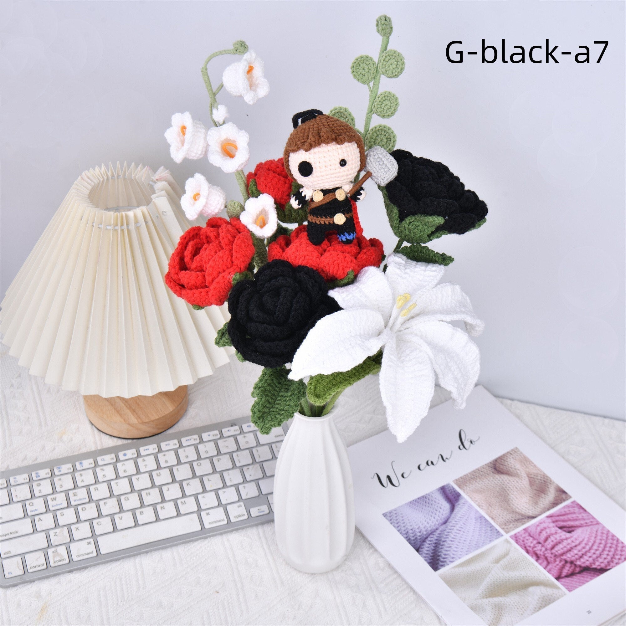 Handmade 9PCS Doll Black Rose Crochet Bouquet