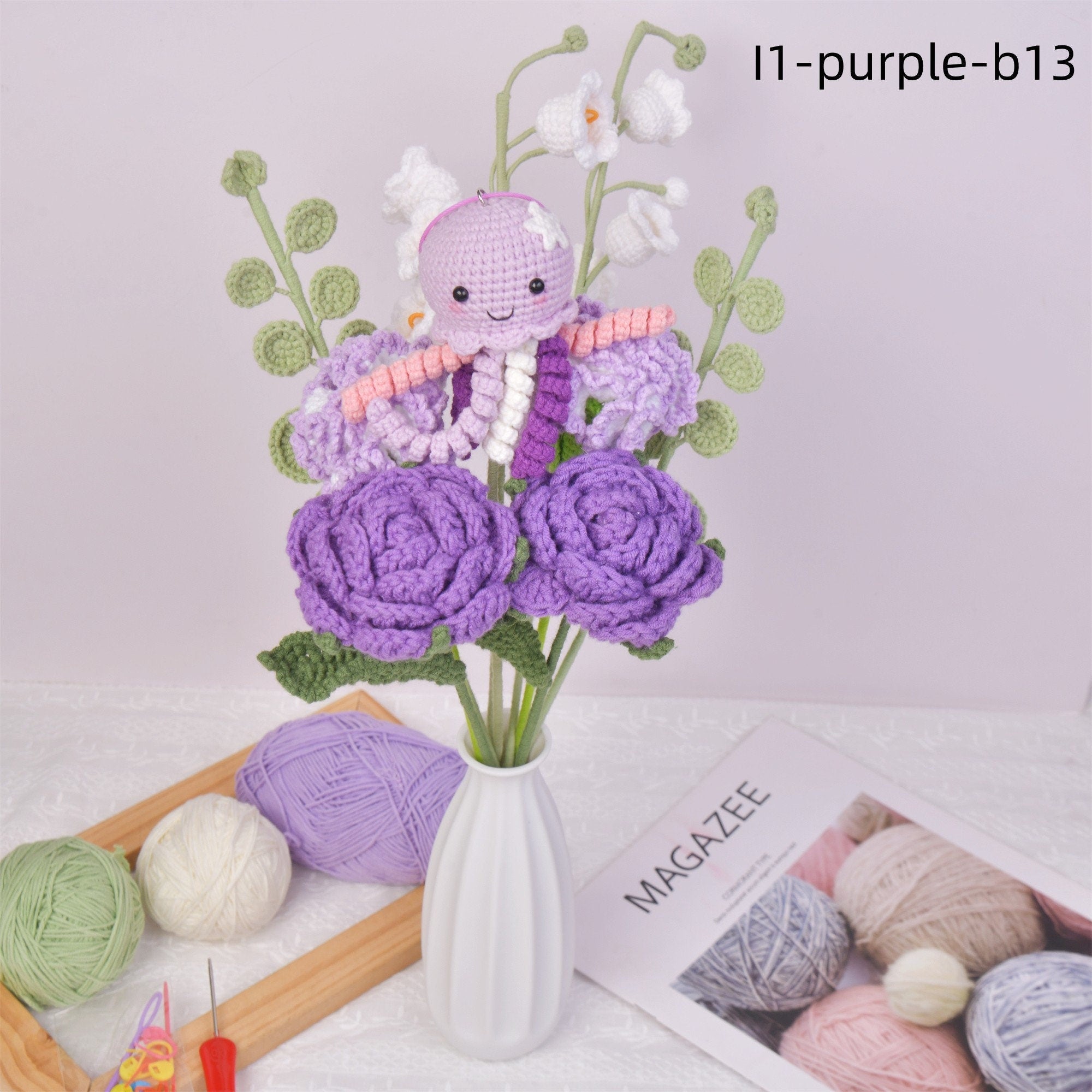 9PCS Handmade Rose&Carnation Flowers Octopus Doll Crochet Bouquet