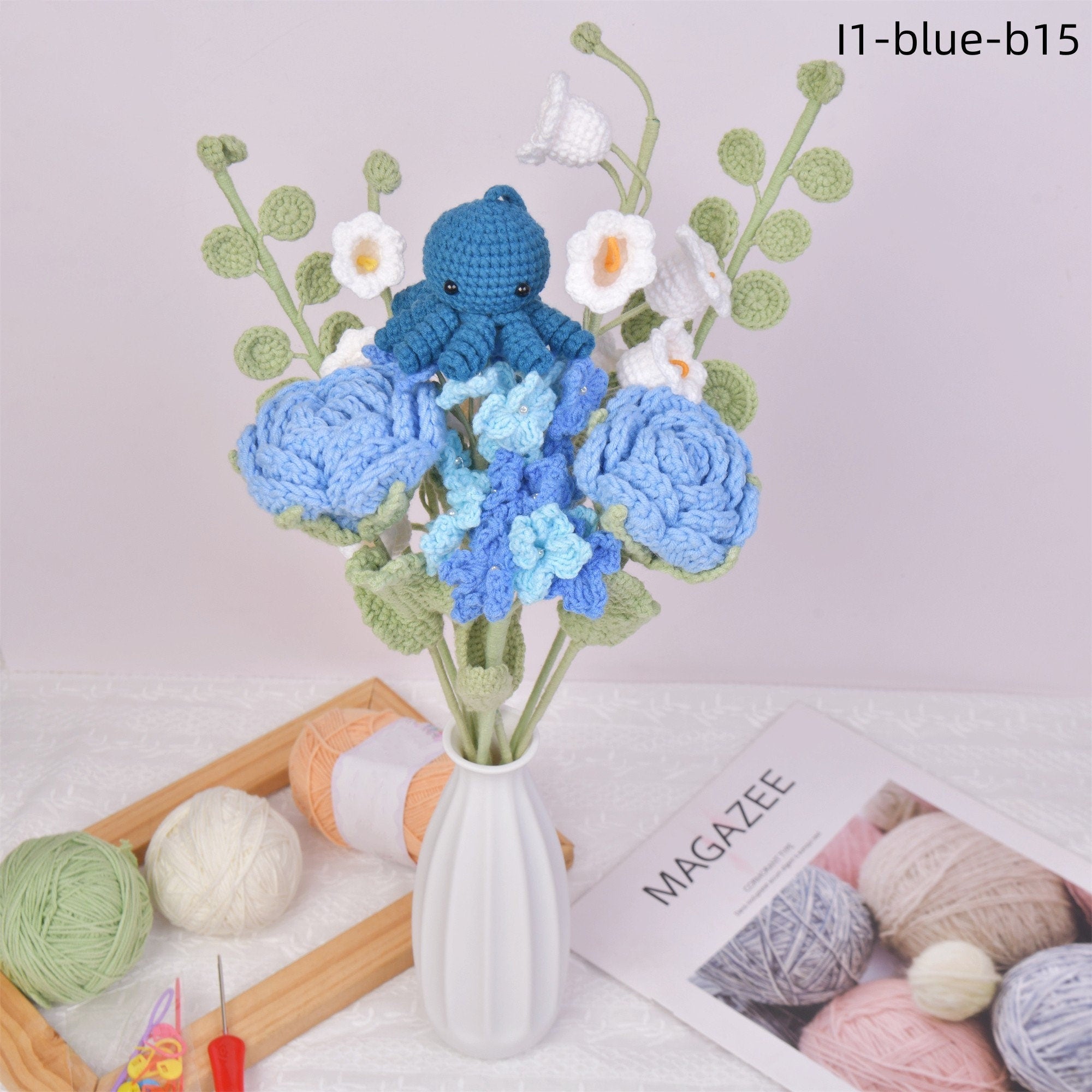 9PCS Handmade Rose&Carnation Flowers Octopus Doll Crochet Bouquet