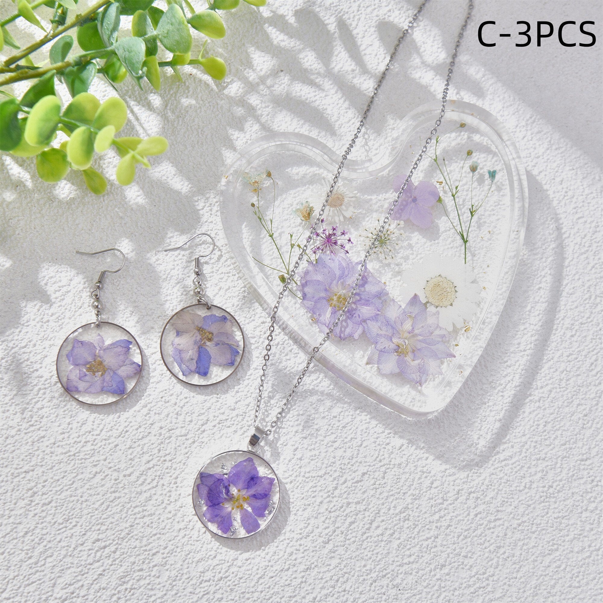 3/5PCS Resin Dried Flowers Necklaces/Earrings/Tray Real Purple Flower Jewelry Sets