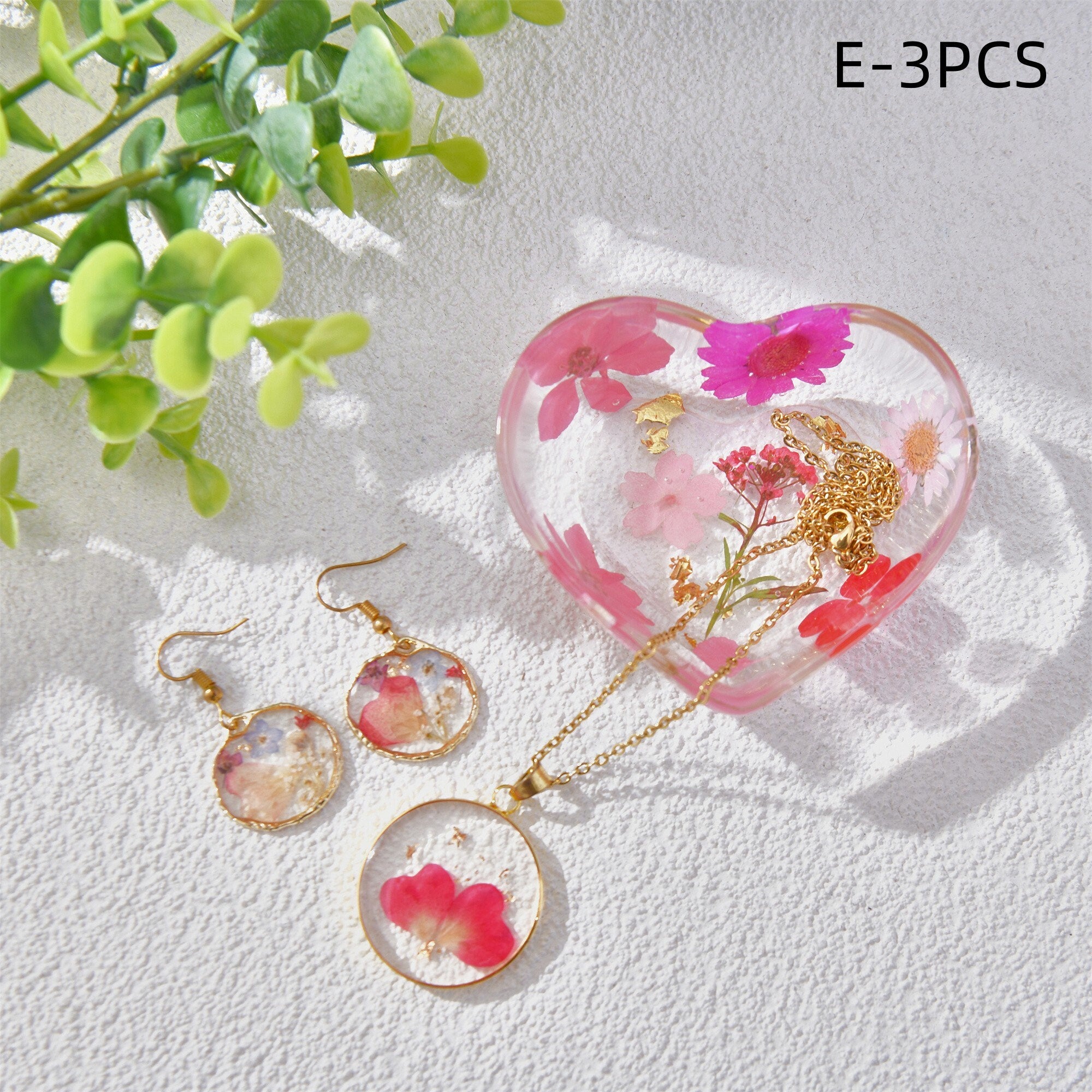 3/5PCS Resin Dried Flowers Necklaces/Earrings/Tray Real Pink Flower Jewelry Sets