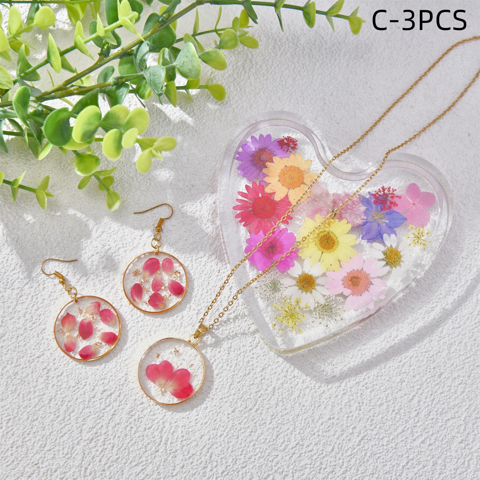 3/5PCS Resin Dried Flowers Necklaces/Earrings/Tray Real Pink Flower Jewelry Sets