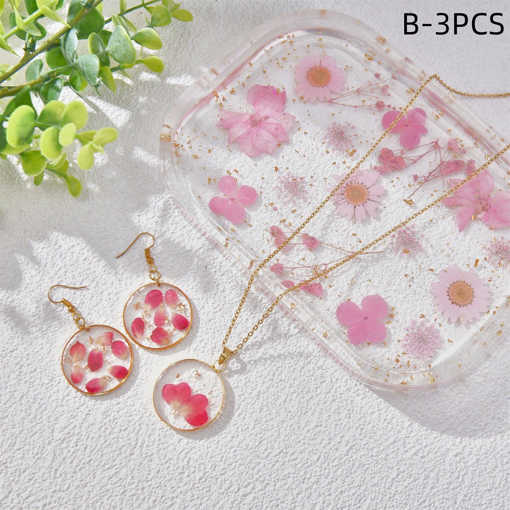 3/5PCS Resin Dried Flowers Necklaces/Earrings/Tray Real Pink Flower Jewelry Sets