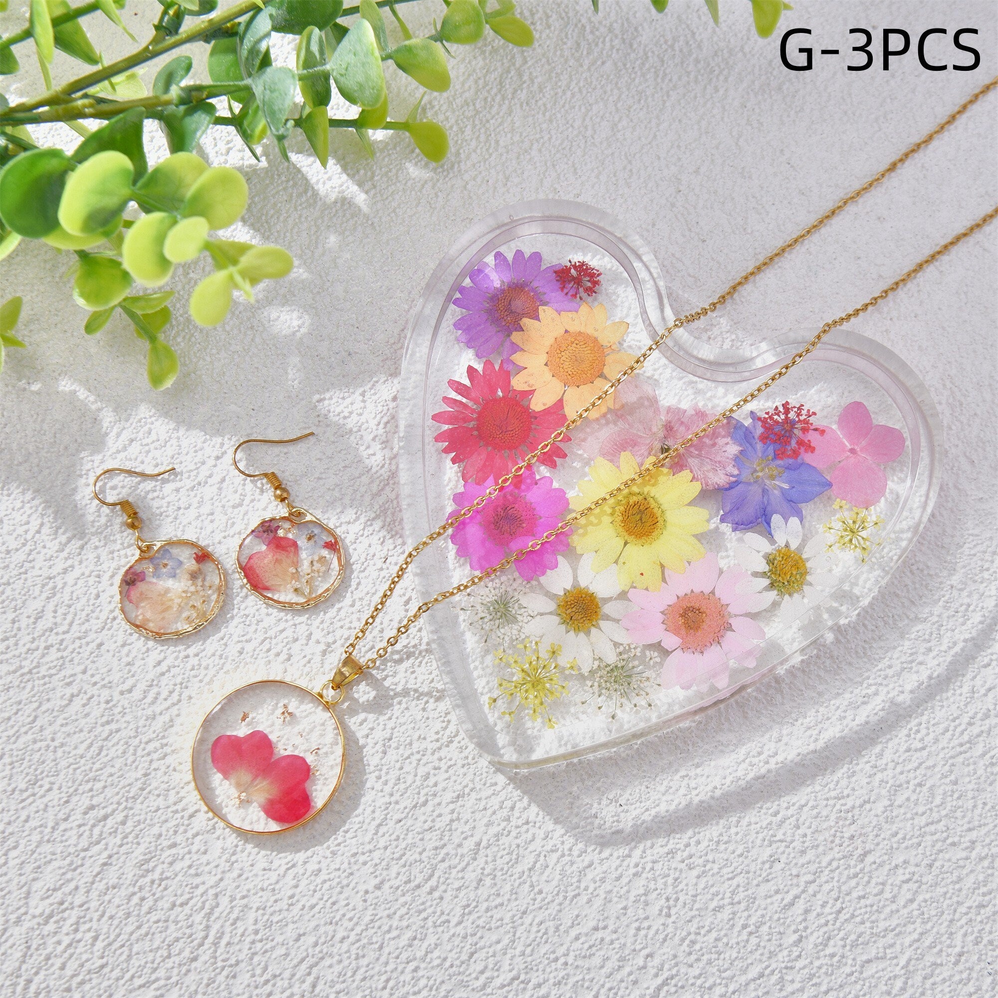 3/5PCS Resin Dried Flowers Necklaces/Earrings/Tray Real Pink Flower Jewelry Sets